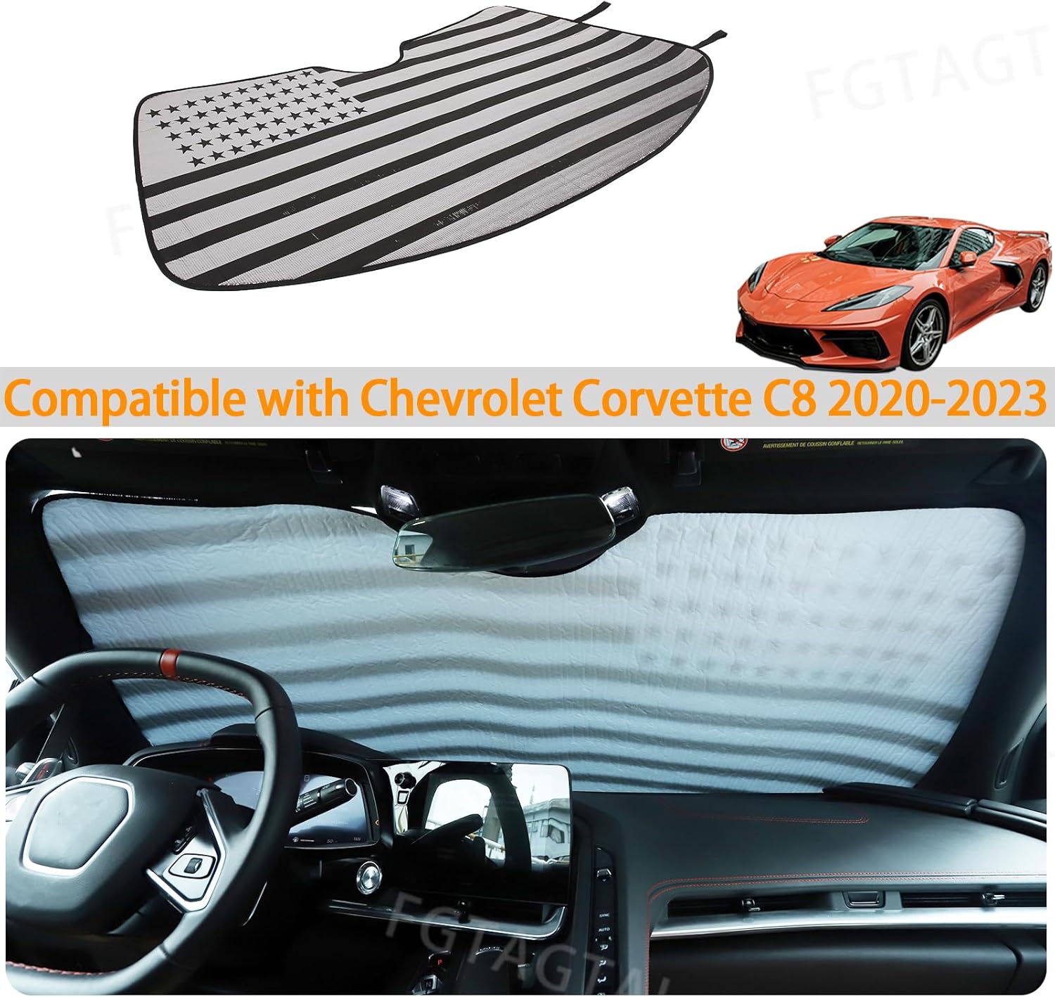 Parasol para parabrisas compatible con Chevrolet Corvette C8 2020-2023, parasol plegable para ventana delantera, viseras de protección solar