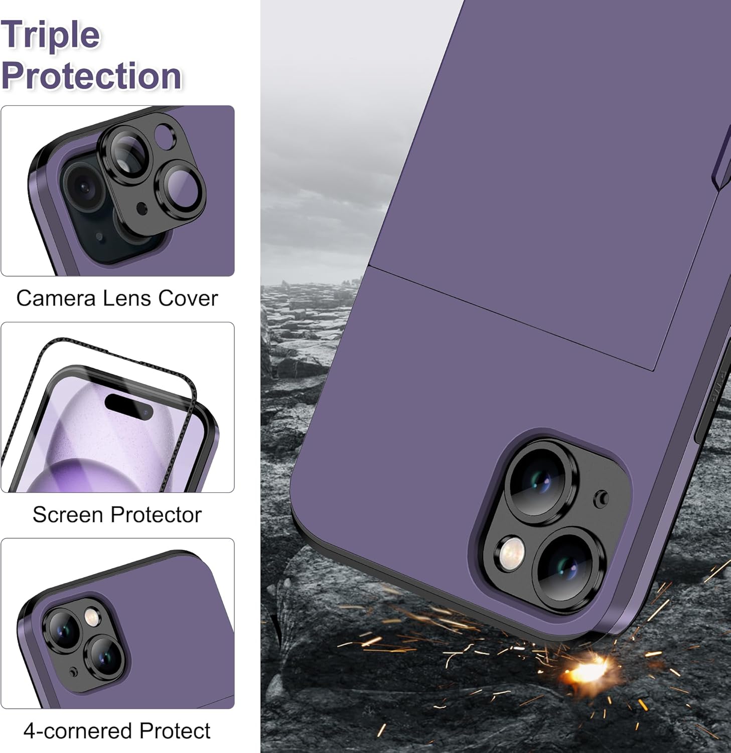 SAMONPOW Funda tipo cartera 4 en 1 para iPhone 15 con protector de pantalla y funda para cámara, funda híbrida de cuerpo completo para iPhone 15 con