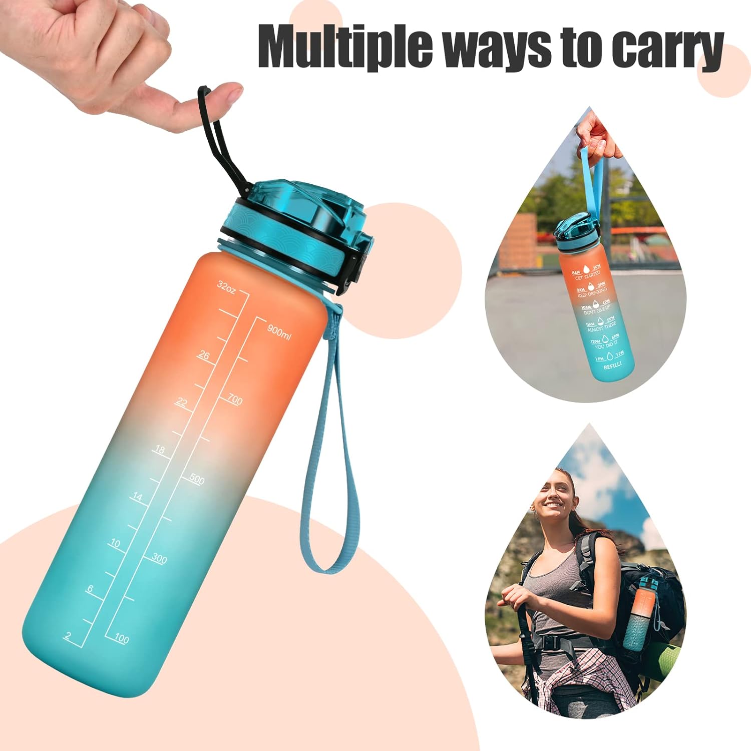 Botellas de agua de 32 onzas, botella de agua motivacional con marcador de tiempo, botella deportiva de Tritan a prueba de fugas con colador de
