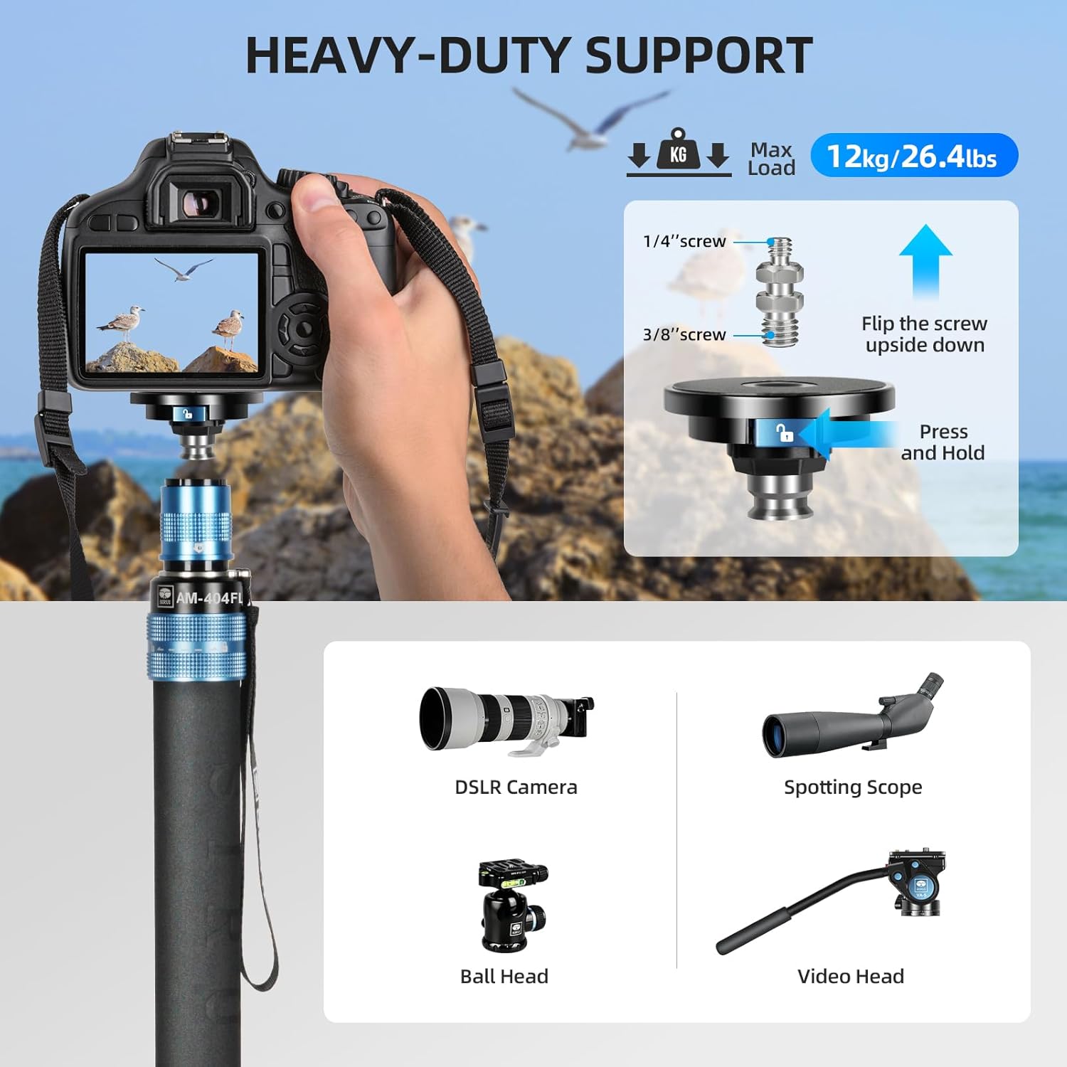SIRUI AM-404FL Monopod para cámara con pies, monopie de video de viaje de aluminio de 74.8 pulgadas con base extraíble, delgado y ligero, carga