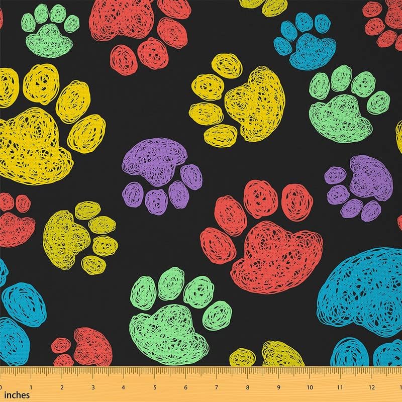 Feelyou The Yard – Tela para amantes de los perros, colorida tela de tapicería con estampado de patas dibujadas a mano para sillas, lindo patrón de