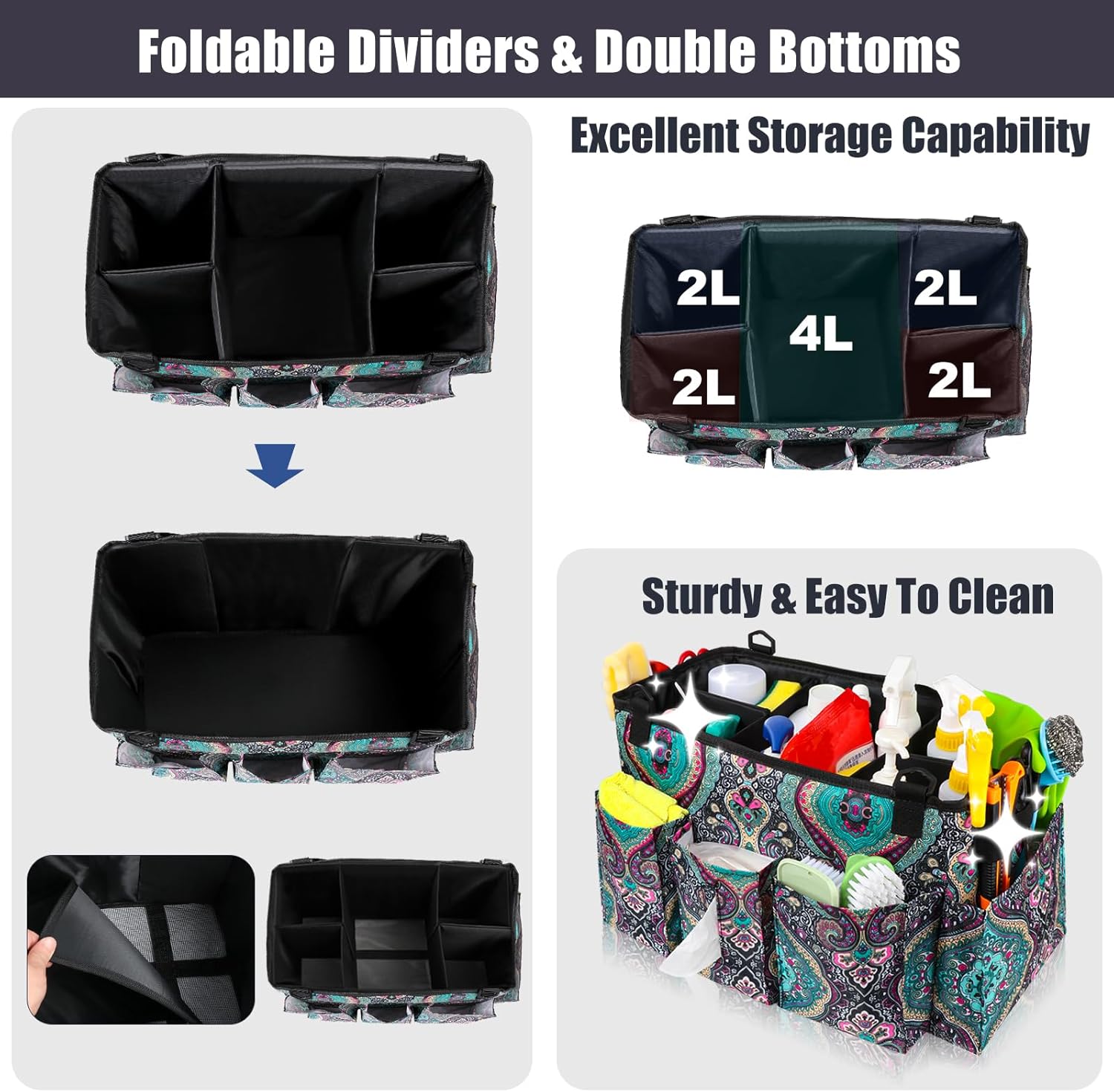 Bolsa grande de limpieza portátil, organizador de limpieza con asa  Correa de hombro y cintura, organizador de suministros de limpieza con divisores