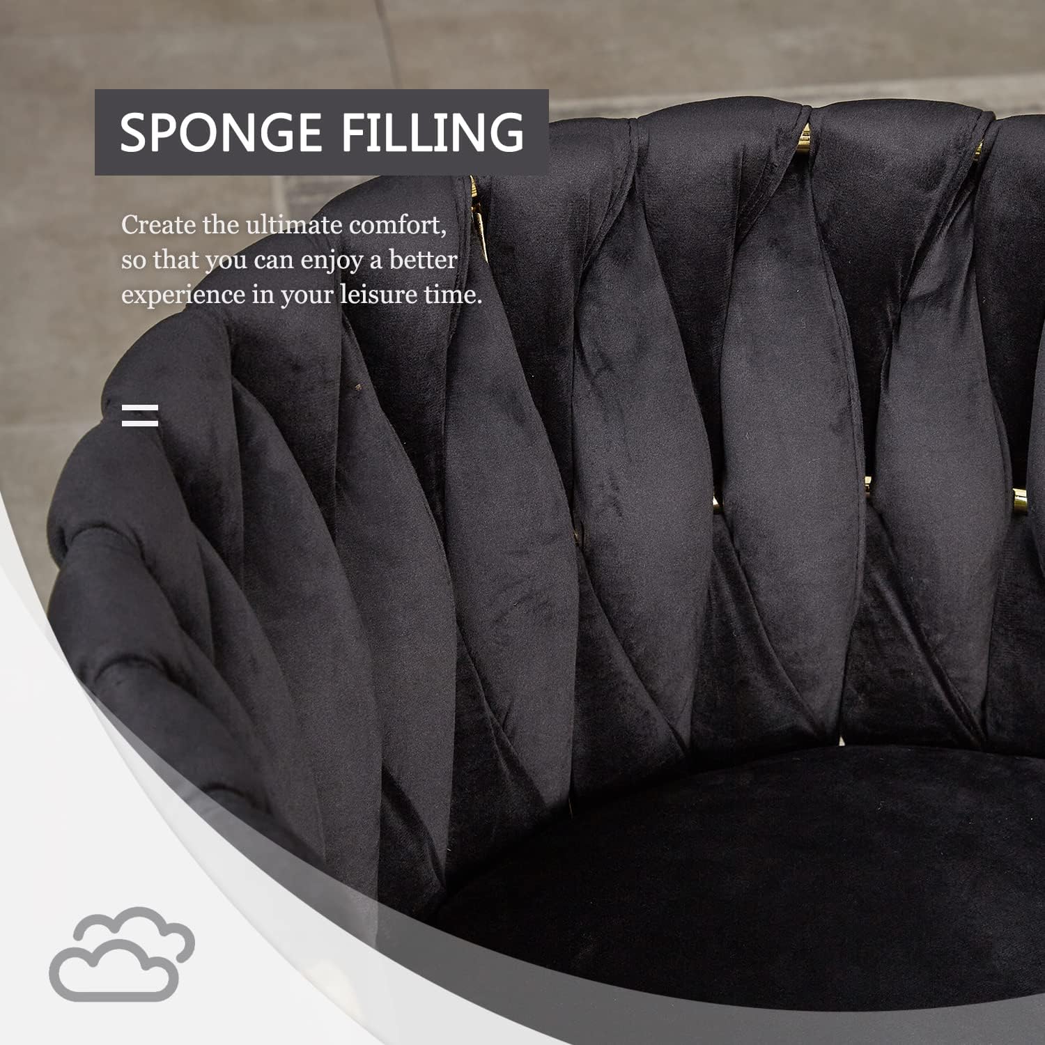 Tsuysi Juego de 4 sillas de comedor de terciopelo negro, sillas de comedor tapizadas con patas de metal dorado, silla de comedor tejida moderna para