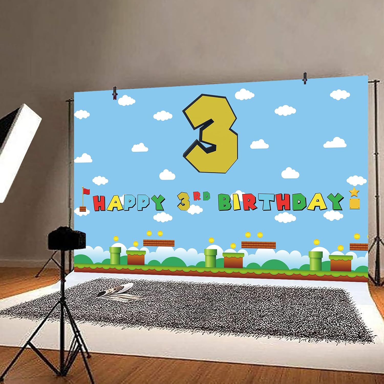 Cartel de tercer cumpleaños de Super Brother, telón de fondo de cumpleaños de videojuegos para niños y niños, suministros de decoración de fiesta de