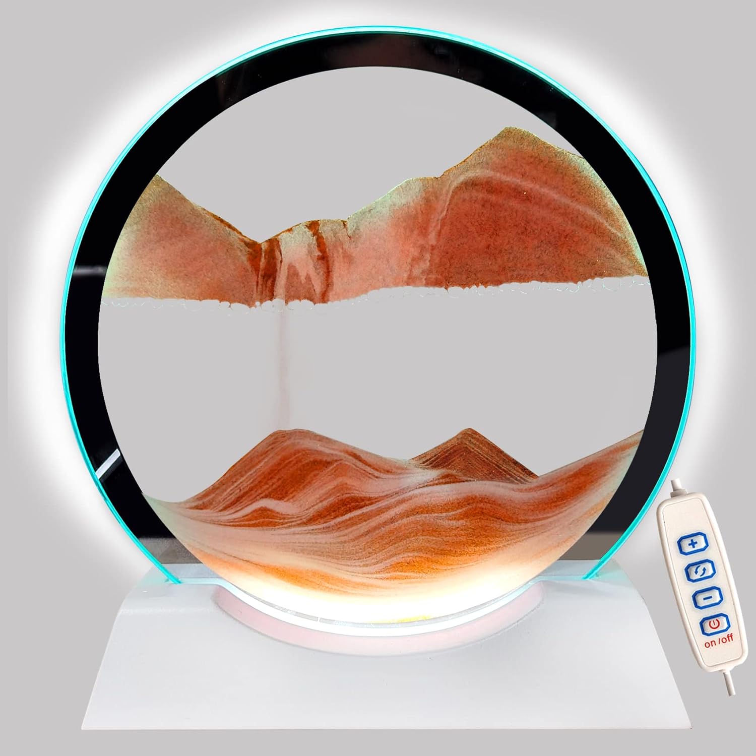 Arte de arena movimiento líquido con base de madera blanca clara, arte de arena en movimiento, flujo de vidrio redondo, pintura de arena, 3 colores