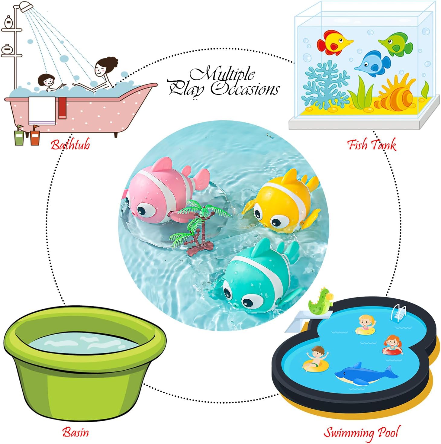 Tipmant Lindo juguete de baño para bebé, animal de pez enrollado para bañera, tanque de agua, piscina de 1, 2, 3, 4, 5, 6 años, regalos de