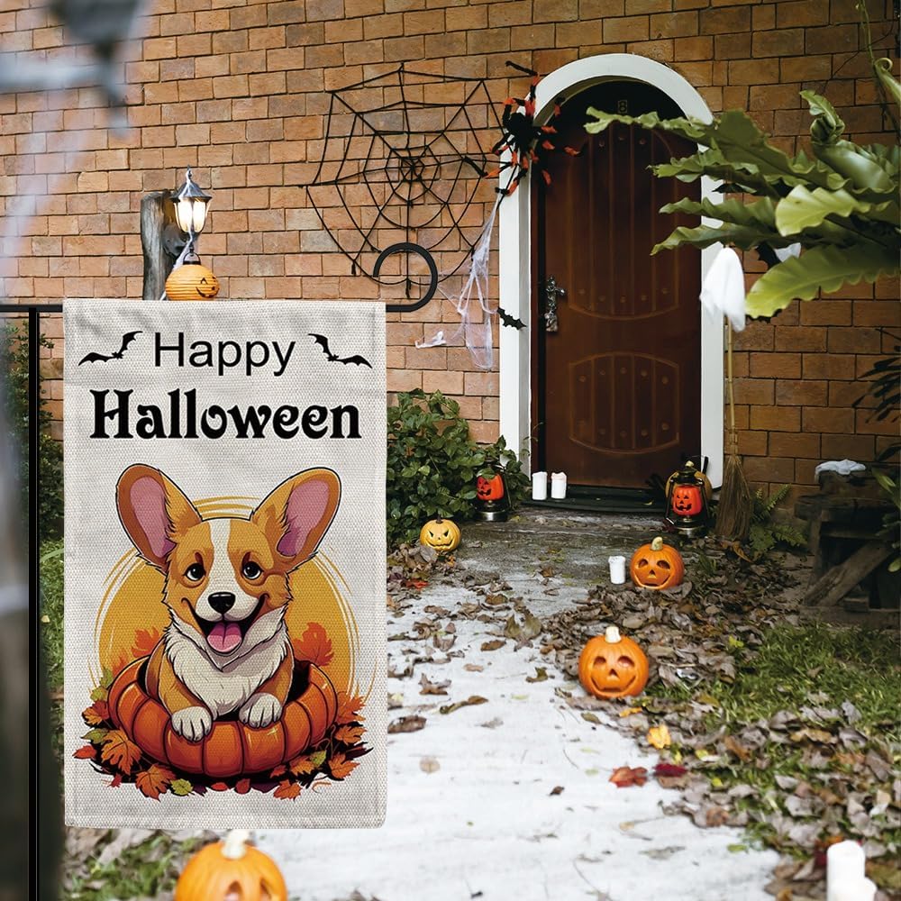 KafePross Bandera de jardín de perro Shih Tzu de Halloween de 12.5 x 18 pulgadas, vertical de doble cara con diseño de calabaza de Feliz Halloween,
