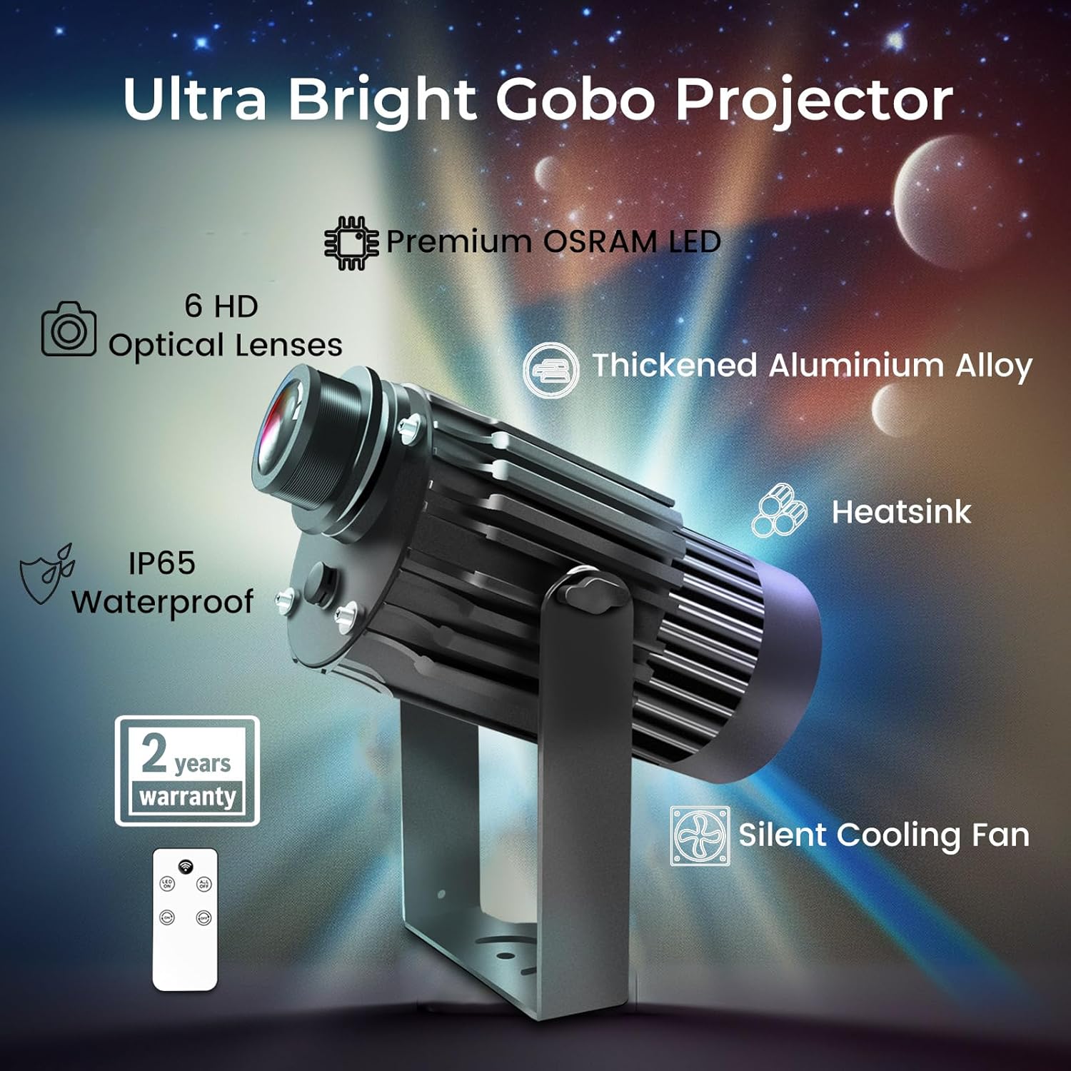 Proyector GOBO con logotipo de 100 W para negocios, IP65 resistente al agua rotacional con doble sistema de refrigeración para exteriores, luz de