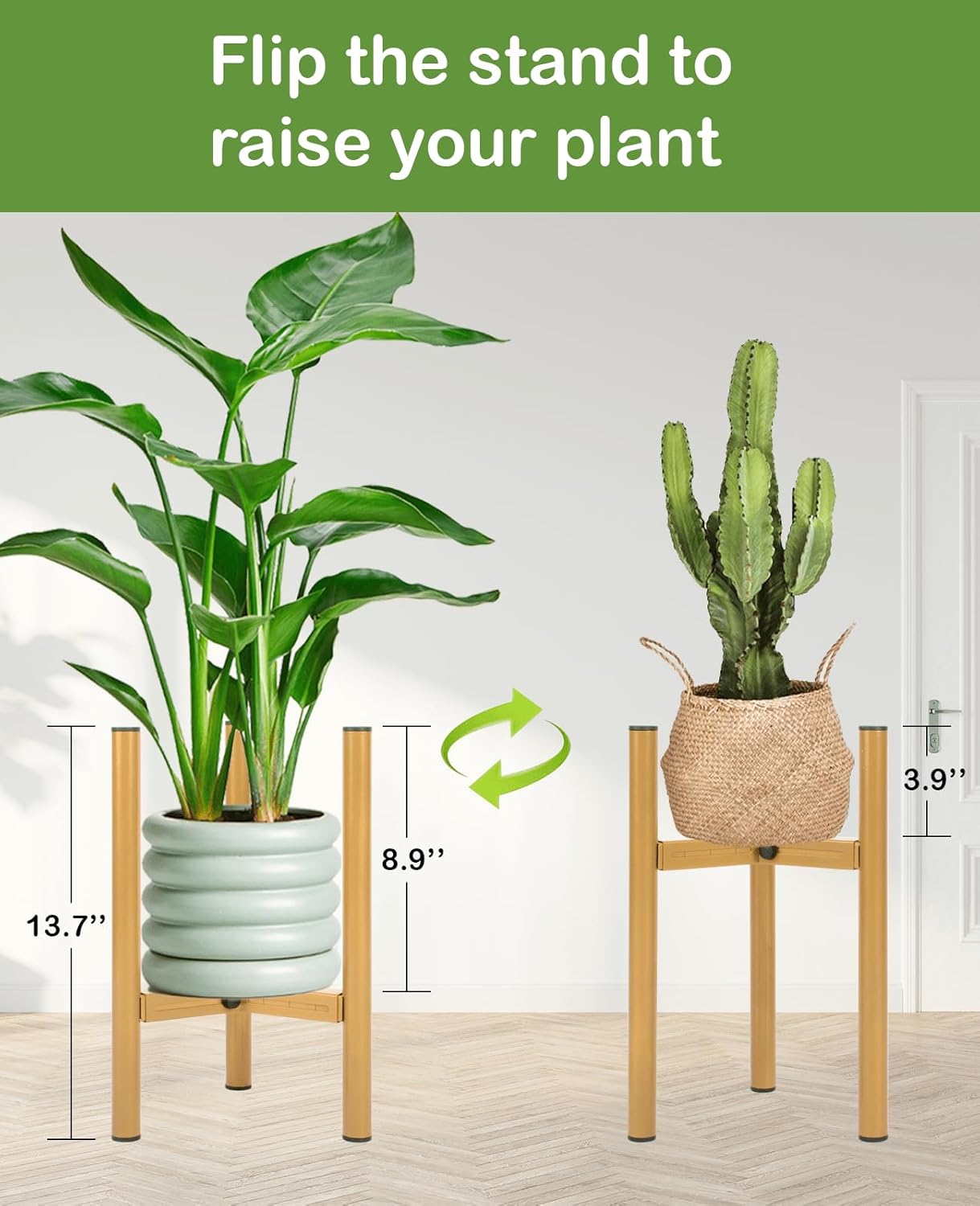 Soporte dorado para plantas para interiores, soporte ajustable de metal para plantas (8 a 13.5 pulgadas), diseño de mediados de siglo, soporte alto