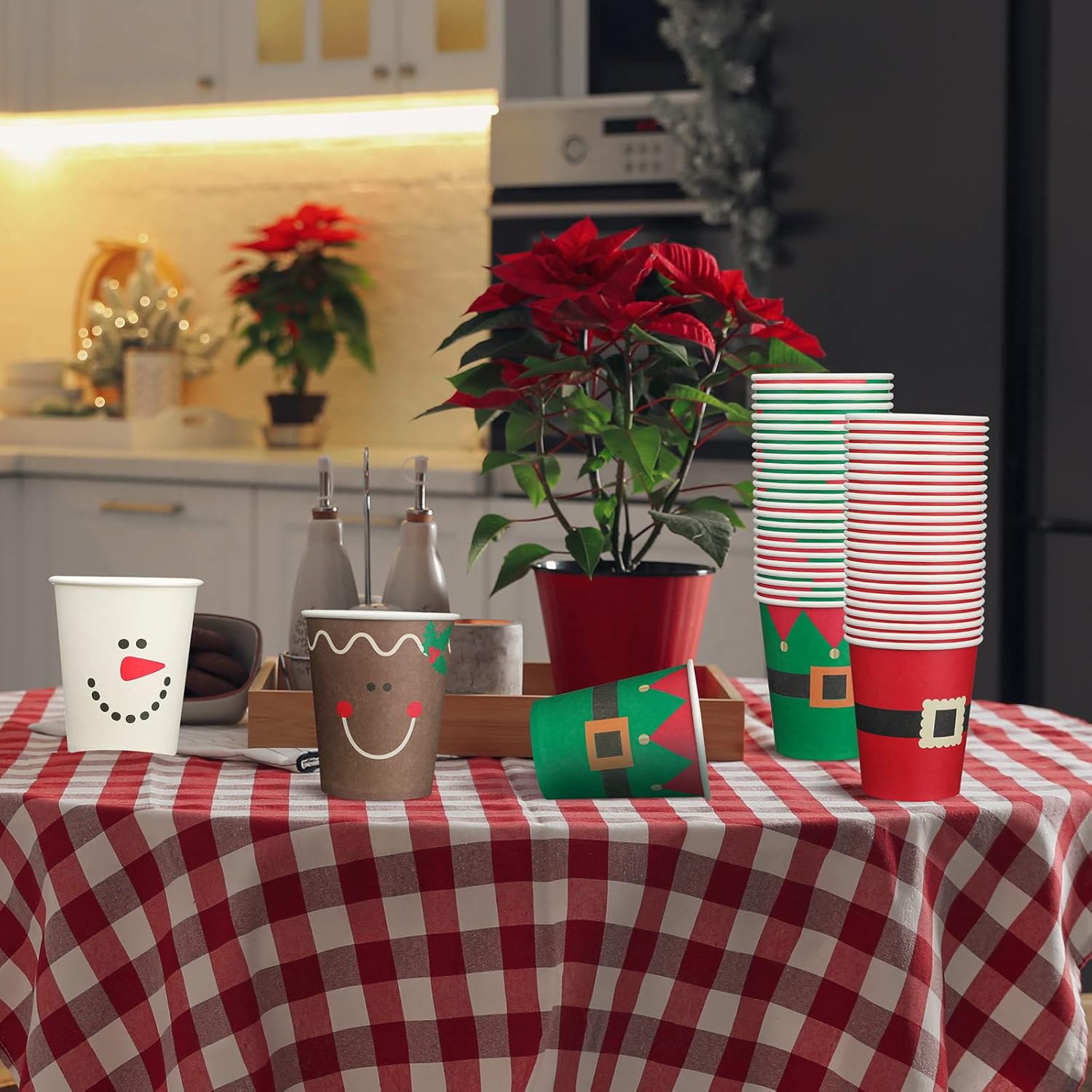 100 vasos de papel de Navidad, vasos de café desechables de Navidad, copos de nieve, Papá Noel, elfo, muñeco de nieve, alce, tazas de Navidad de 9