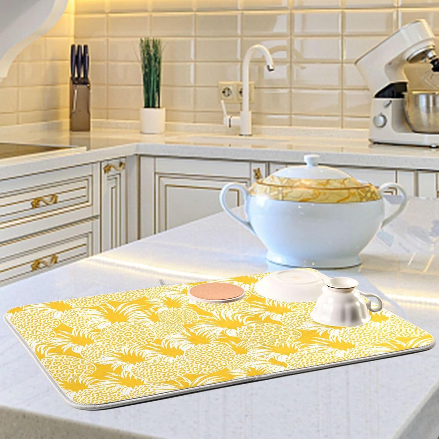 Tapete de secado de platos hawaiano tropical de piña amarilla brillante, lavable, absorbente, escurridor de platos, para encimera de cocina, tapete