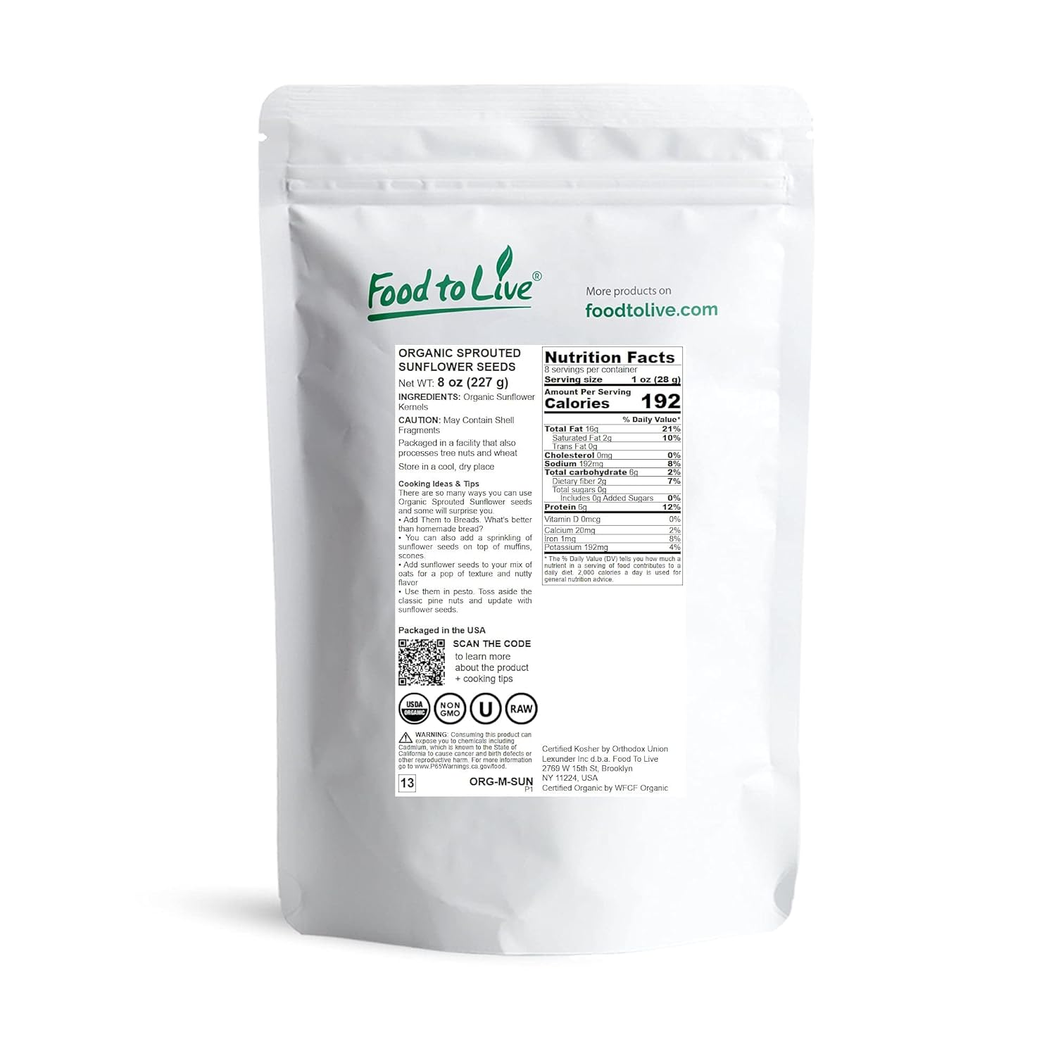 Food to Live Semillas de girasol germinadas orgánicas, 8 onzas sin OMG, Kosher, sin cáscara, sin sal, granos crudos, superalimento vegano, comida