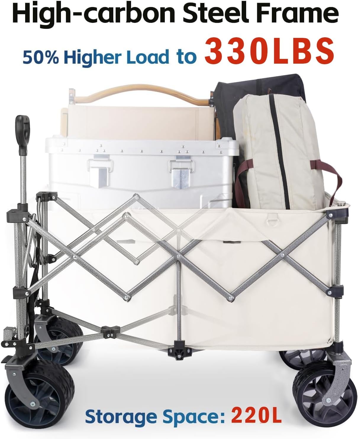 Carro de playa de 220 litros con ruedas grandes, plegable con capacidad de 330 libras, vagones de comestibles utilitarios con frenos, carrito de