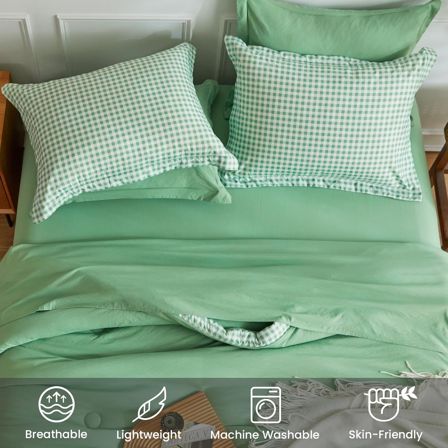 WARMDERN Juego de edredón a cuadros de búfalo tamaño Queen, edredón verde para cama tamaño Queen, edredón ligero y suave de 7 piezas con fundas de