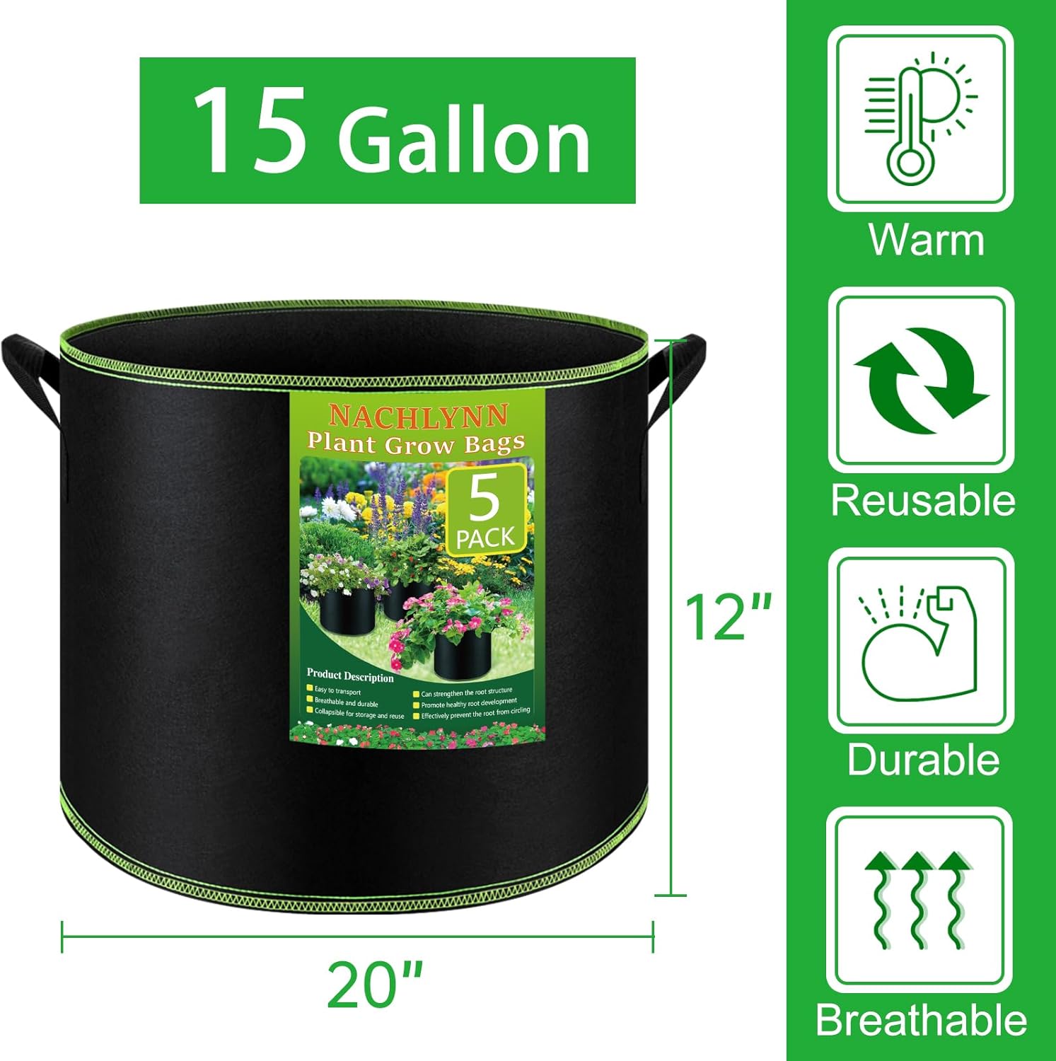 Paquete de 5 bolsas de cultivo de 15 galones, macetas de tela no tejida gruesa con asas para plantas para jardinería, frutas, flores, plantas