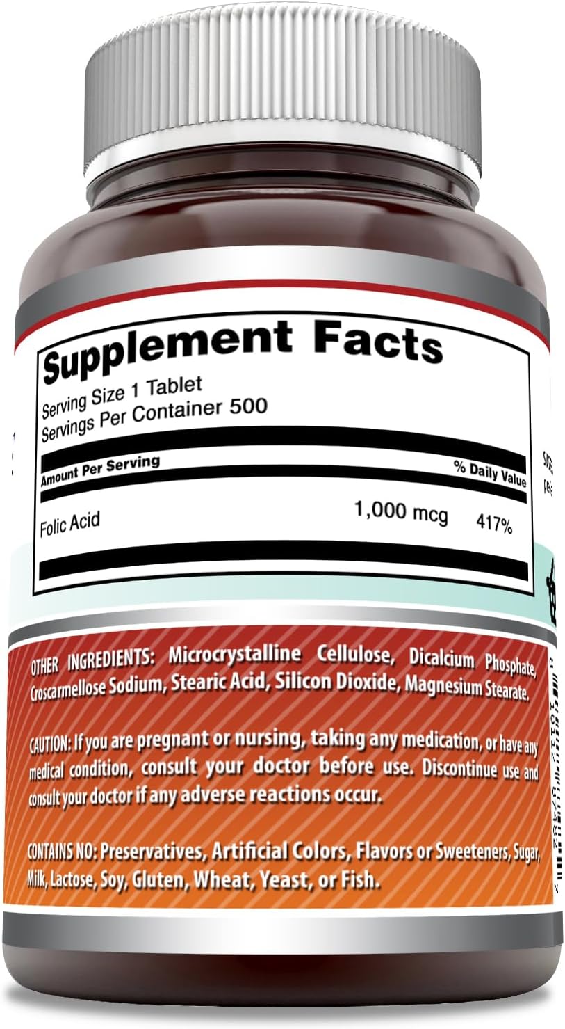 Amazing Formulas Suplemento de ácido fólico de 1000 mcg (1 mg) en tabletas, vitamina B9, sin OMG, sin gluten, fabricado en Estados Unidos (500