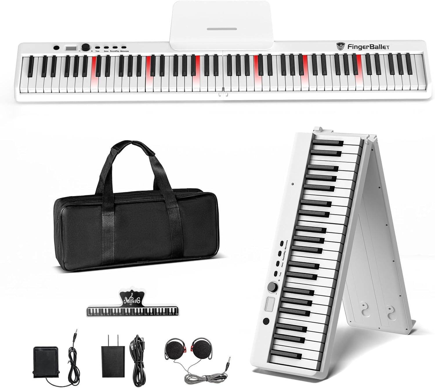 FingerBallet Teclado de piano portátil, piano digital plegable semipesado con 88 teclas de luz, tamaño completo, grano de madera, teclado de piano