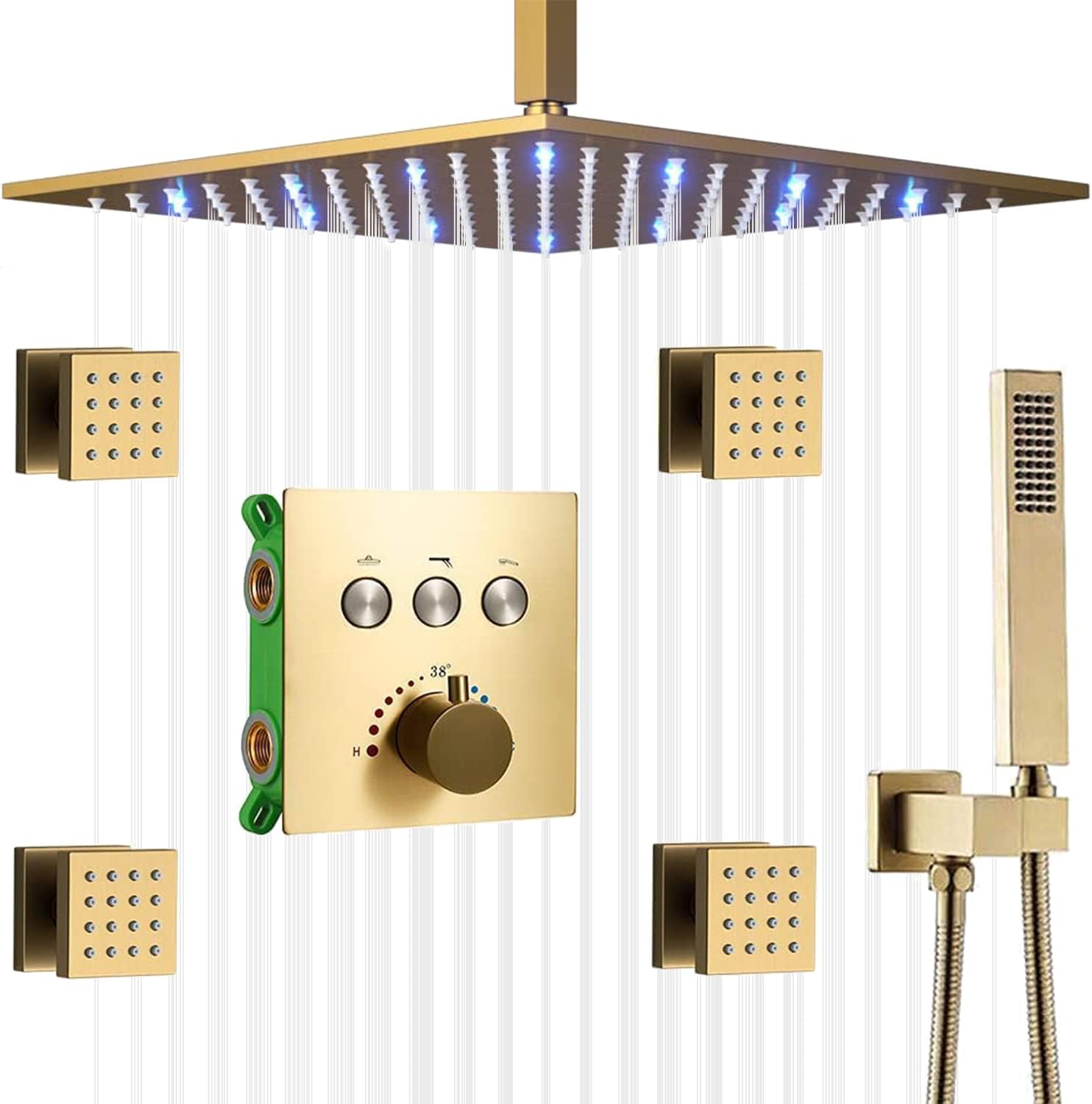 AYIVG Sistema de ducha de lluvia de oro cepillado de 12 pulgadas, sistema de cabezal de ducha de lluvia LED con 4 chorros de cuerpo termostático,