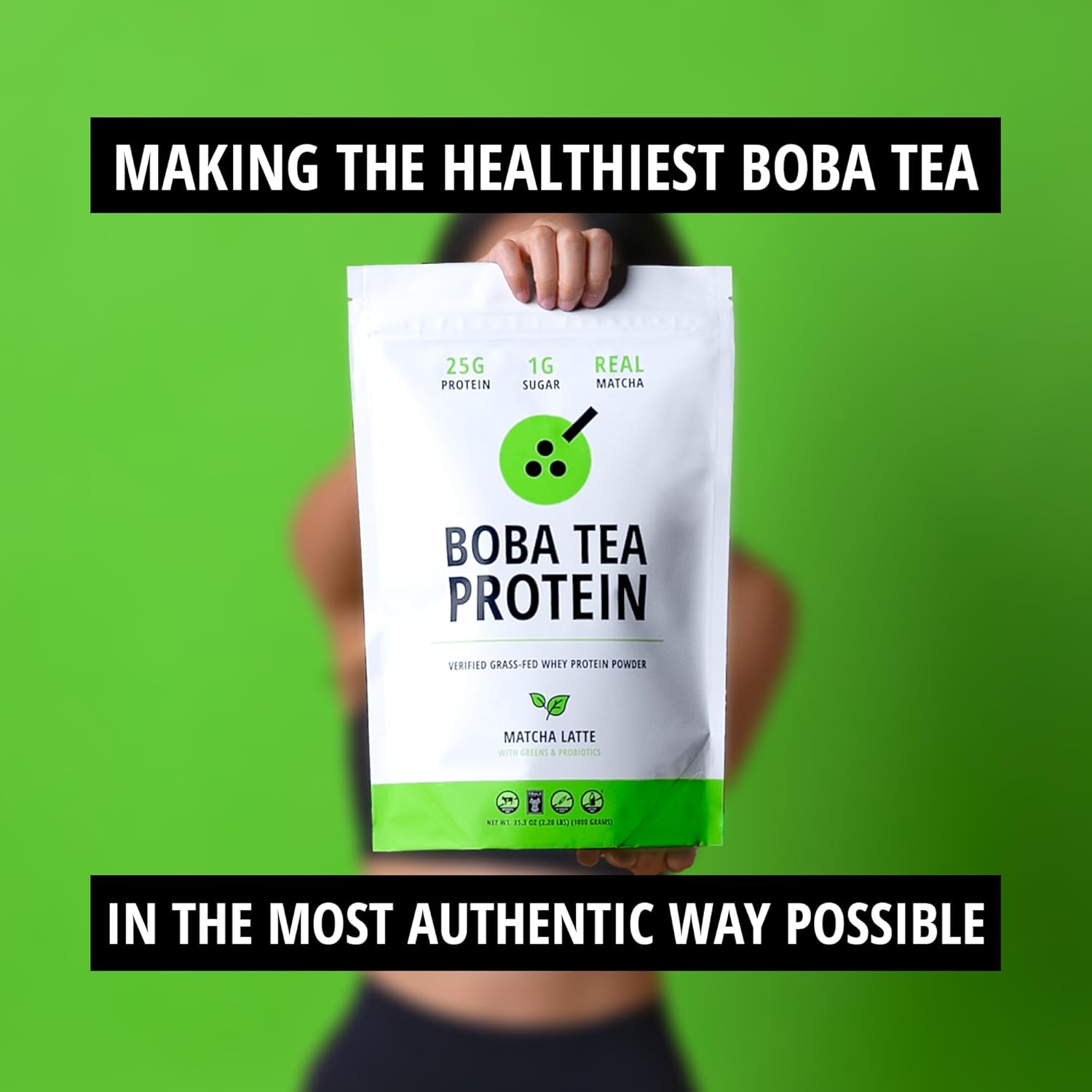 Boba Tea Protein Matcha Latte  25g Grass-Fed Whey Protein Isolate Powder  Gluten-Free & Soy-Free Bubble Tea Protein Drink  Real Ingredients &