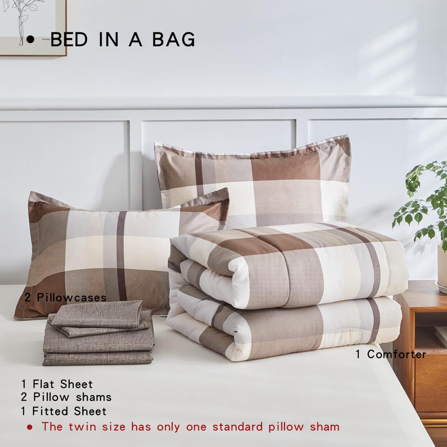 AIKASY Bed in a Bag – Juego de edredón reversible de microfibra suave de 6 piezas, diseño a cuadros marrones, para todas las estaciones (1 edredón,