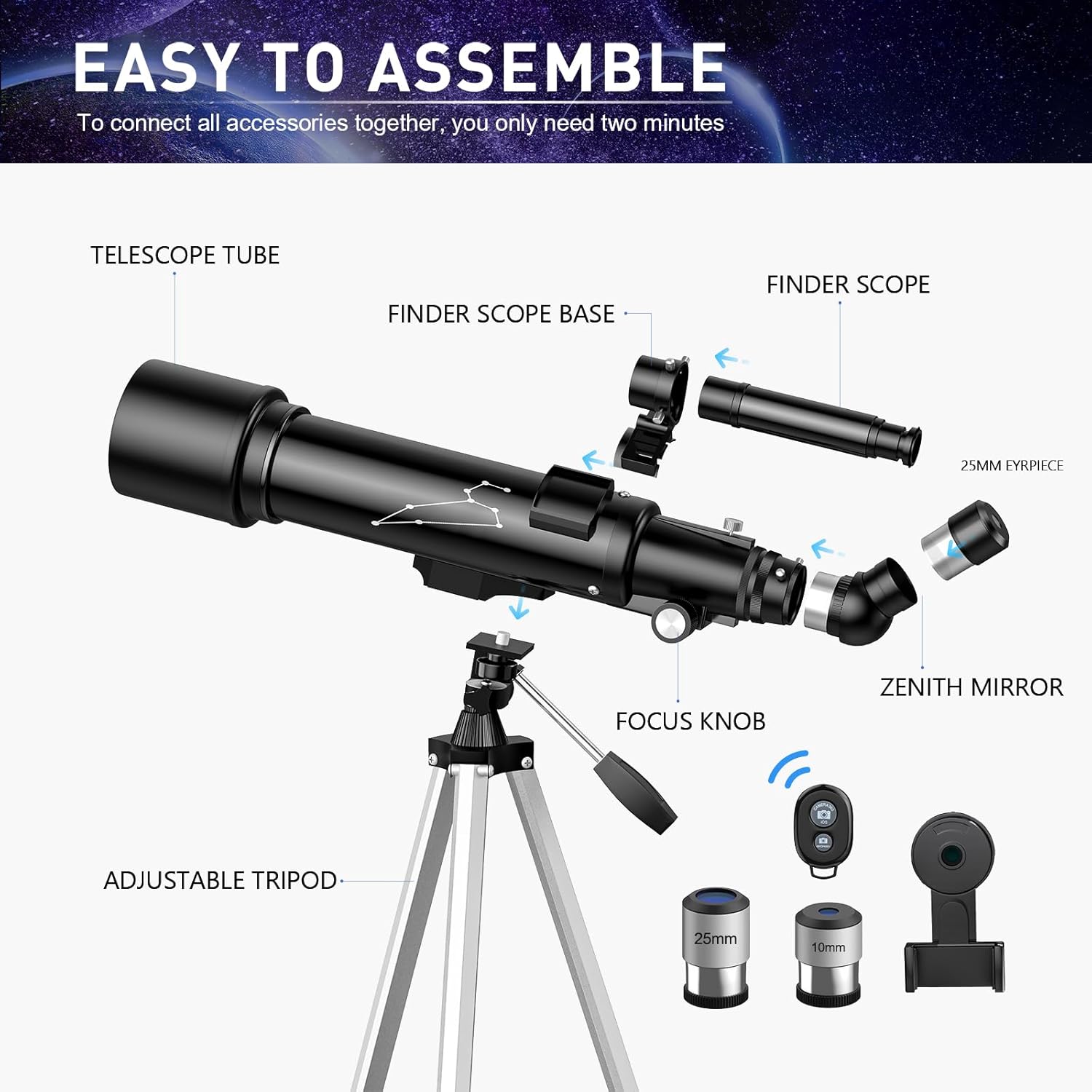 Qniuco Telescopio, 2.756 in Apertura 23.622 in Telescopios para Adultos Astronomía y Niños y Principiantes, Telescopio de refracción portátil con un