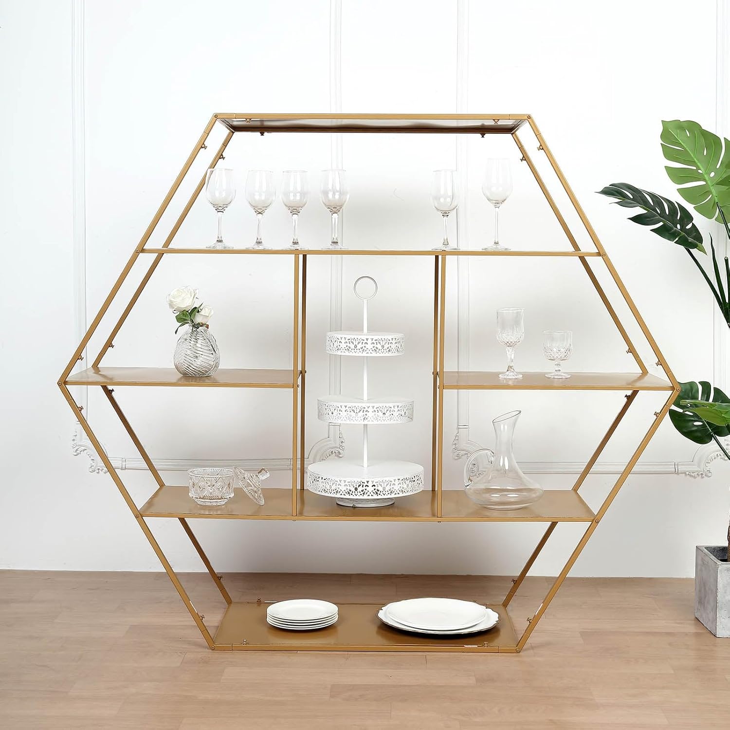 Efavormart – Soporte hexagonal grande de metal dorado para postres para tartas y postres, telón de fondo de arco de boda, estante para globos,
