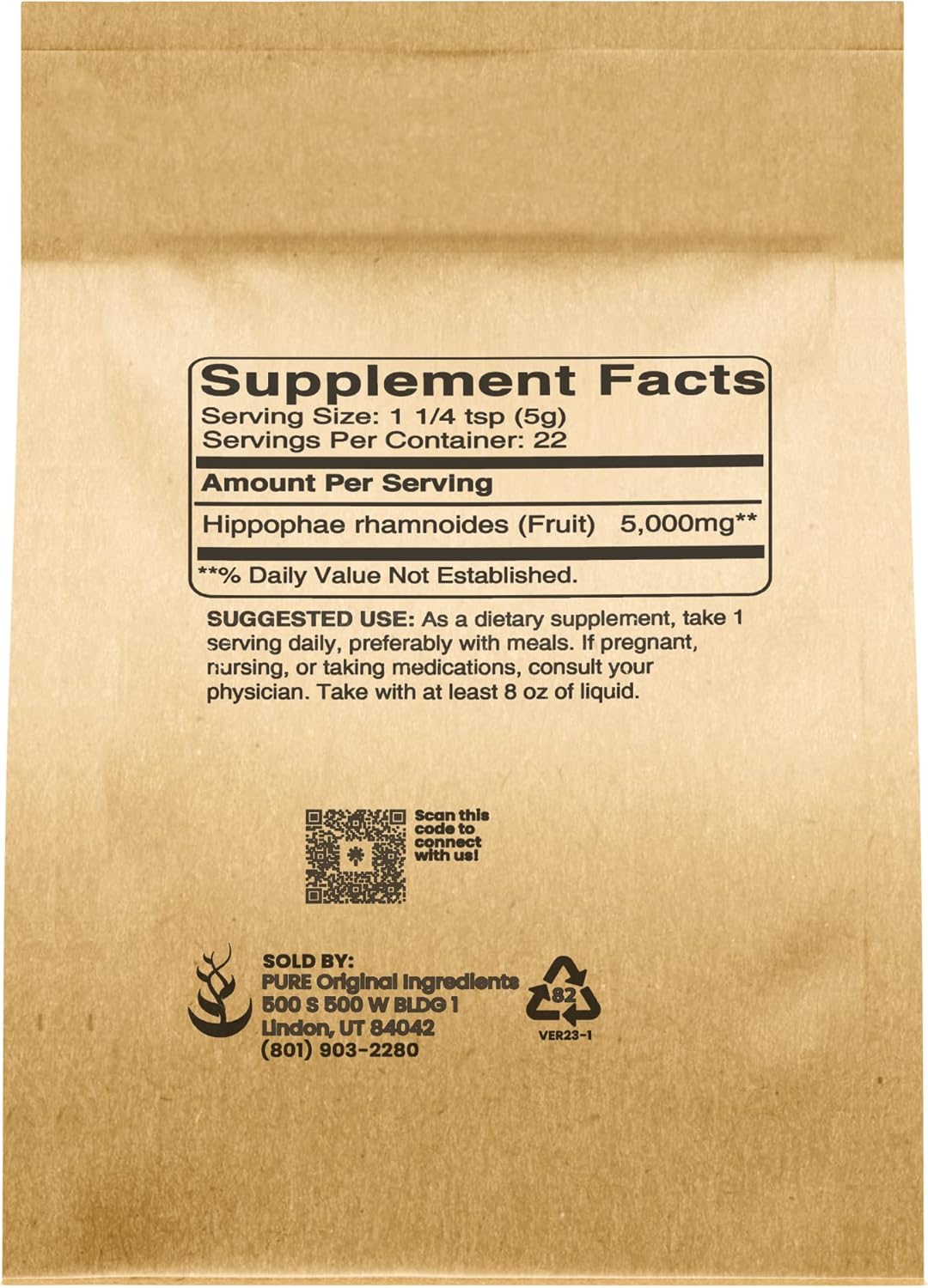 Pure Original Ingredients Suplemento tradicional de espino cerval de mar (4 onzas), sabor a bayas ácidas, sin OMG, rico en vitaminas y minerales