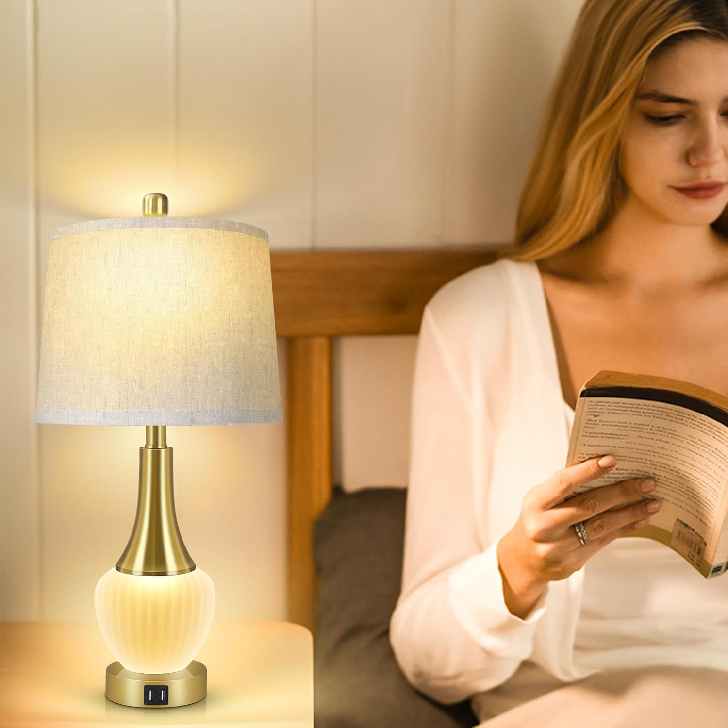 Juego de 2 lámparas de mesa para sala de estar, lámpara de noche de cristal moderna con puertos USB, lámparas de mesita de noche regulables de 4