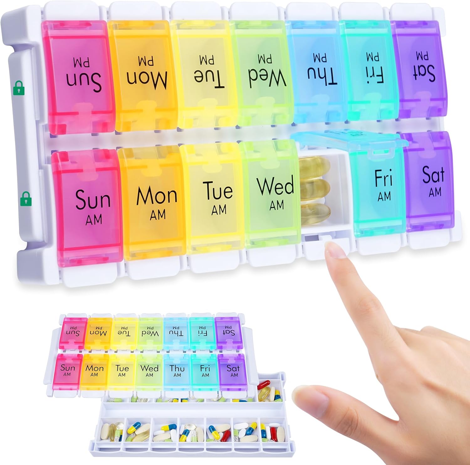 MERICARGO Organizador semanal de pastillas 2 veces al día, pastillero grande fácil de llenar 7 días, organizador de medicamentos Am Pm, pastillero