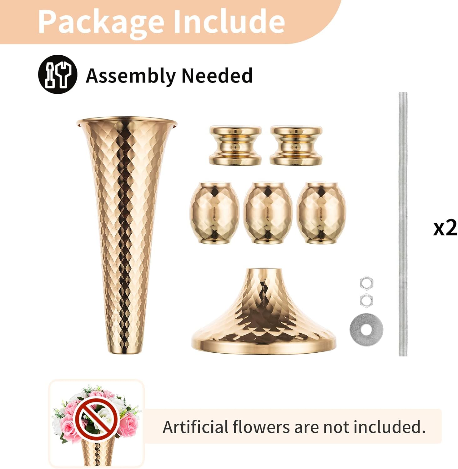 Nuptio 2 centros de mesa para mesa de boda, jarrón de trompeta de metal de 24 pulgadas de alto, jarrones de flores para fiesta, cena, centro de