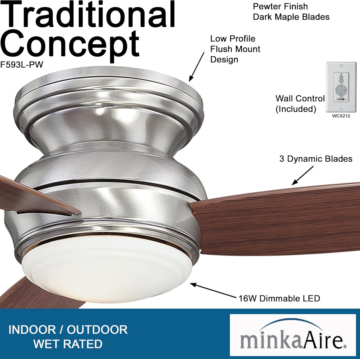 Minka-Aire F593L-PW Tradtional Concept Ventilador de techo empotrado de 44 pulgadas con luz LED integrada de 14 W en acabado de peltre