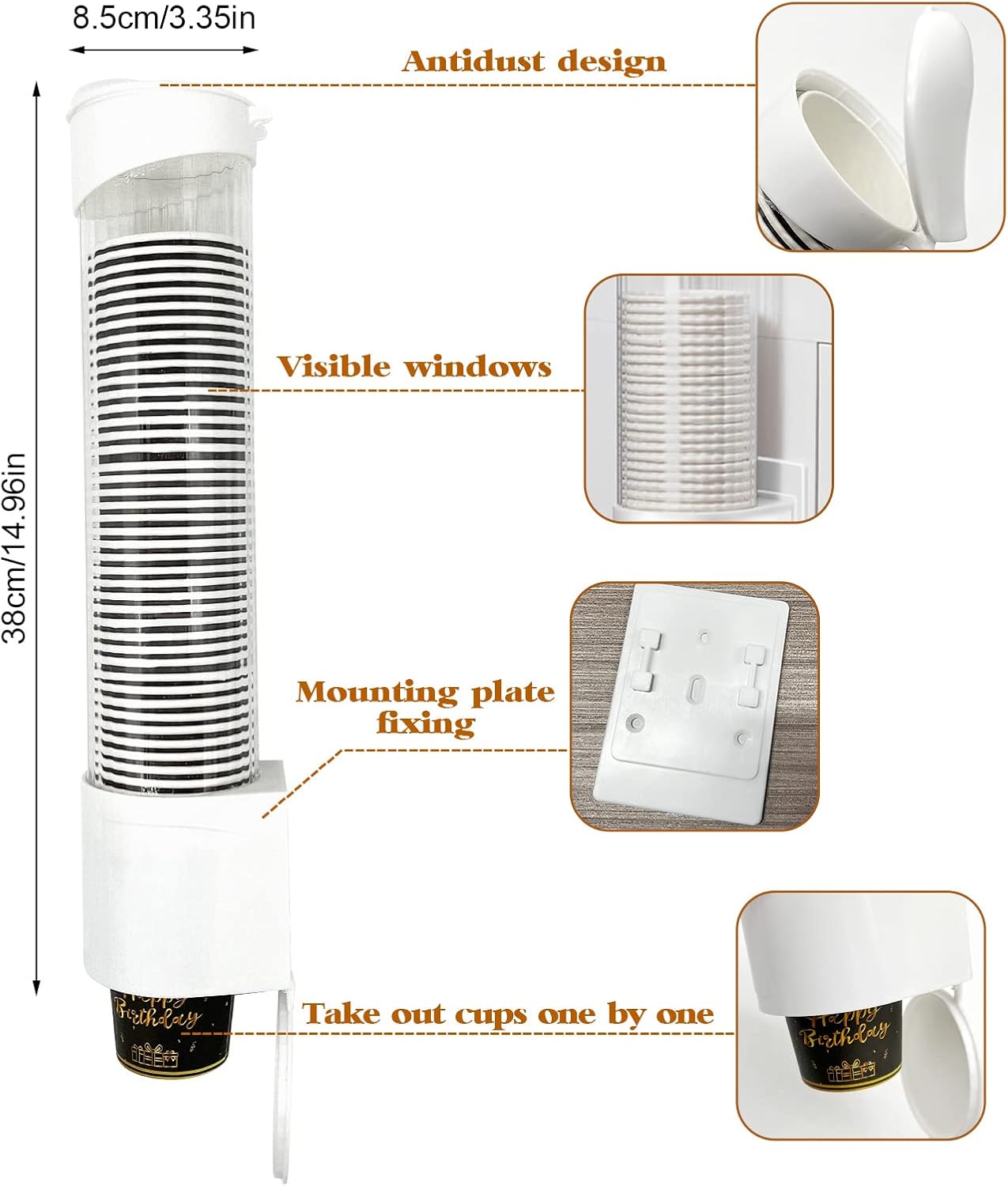 Dispensador de vasos de papel desechable, dispensador de tazas para tazas de cono o fondo plano de 5 onzas a 7 onzas, dispensador de tazas de