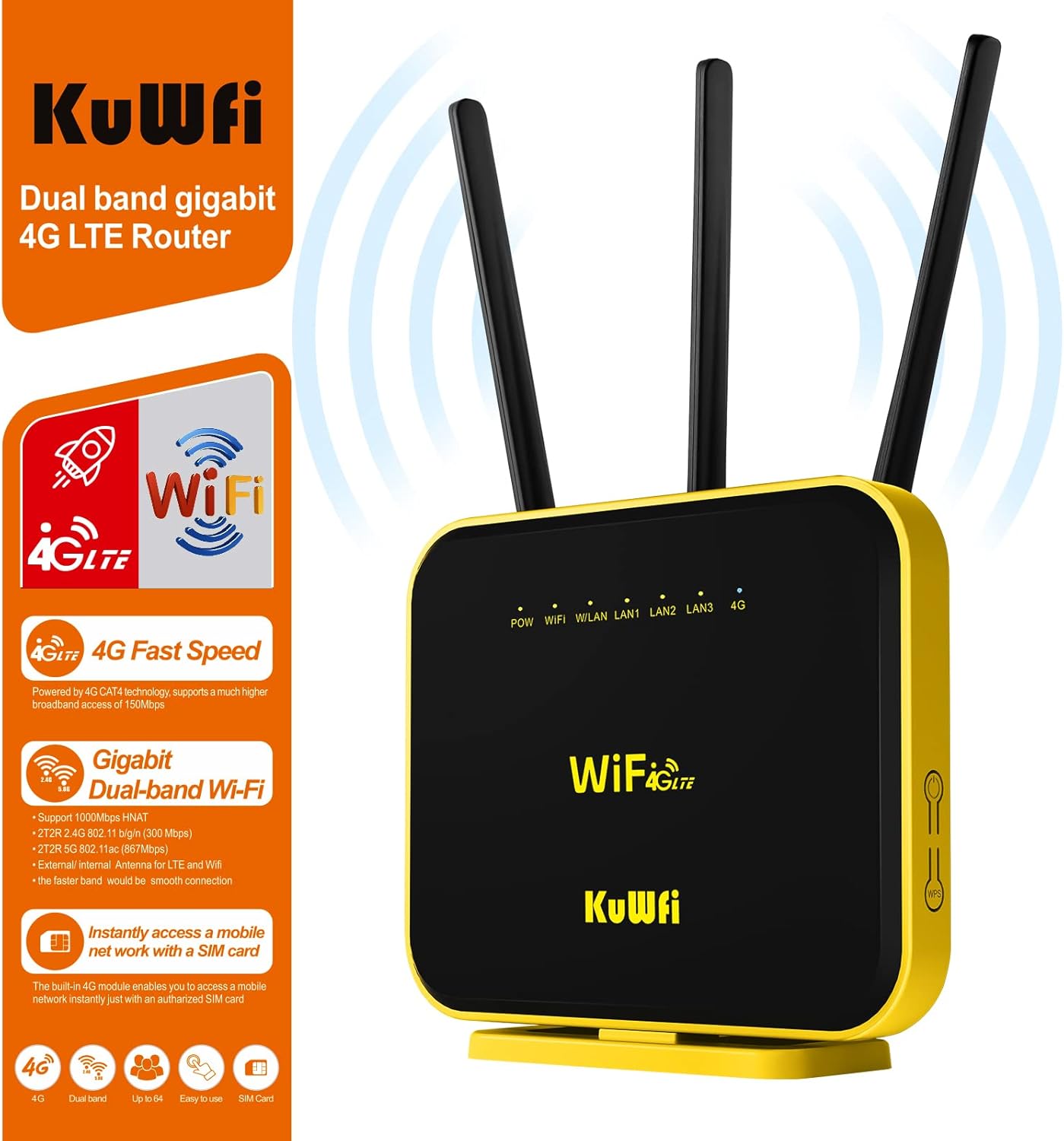 KuWFi Router 4G LTE Cat12 1200Mbps Dual Band Gigabit WiFi Celular Cloud SIM Router Antena externa con datos de 2 GB de largo alcance inalámbrico LTE