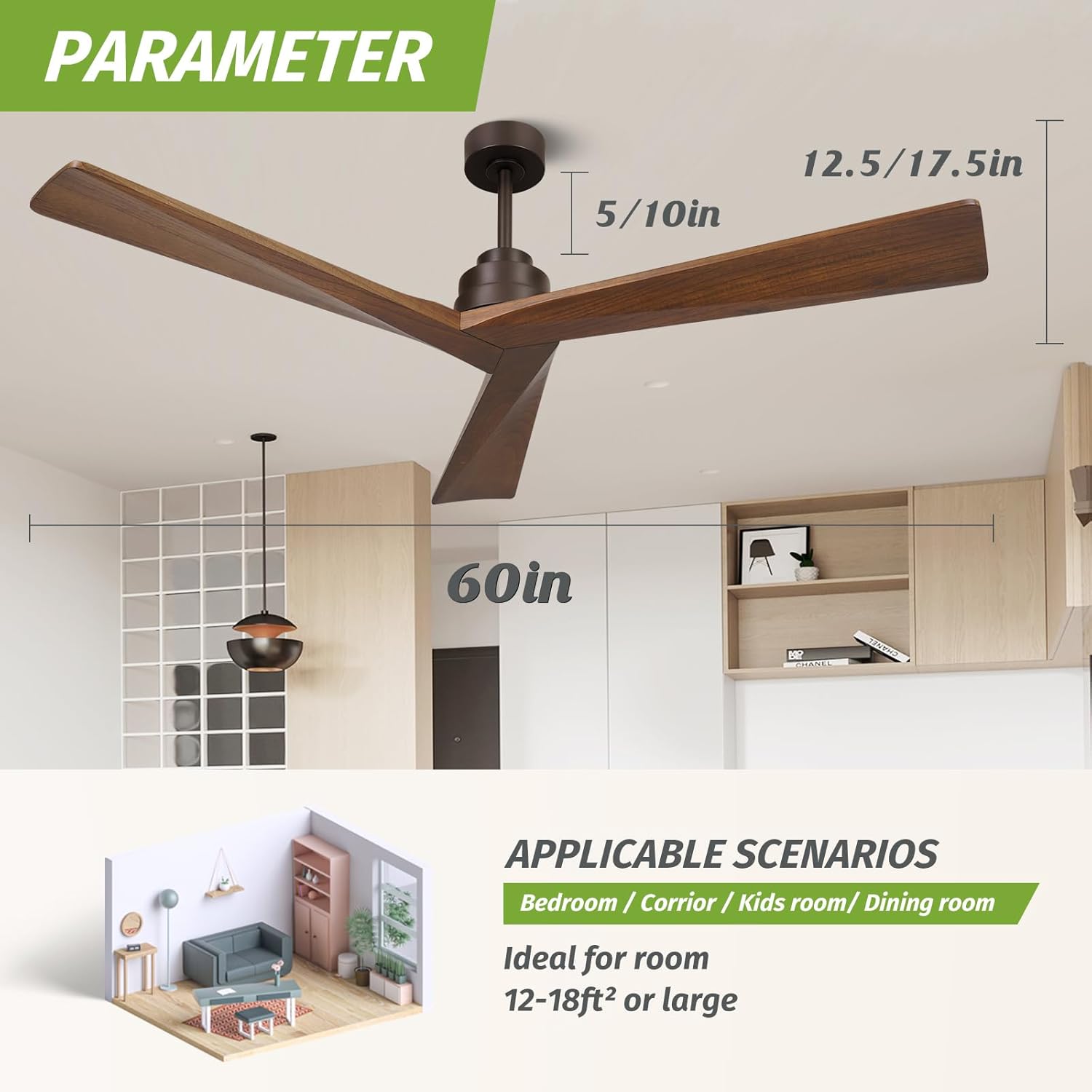 Ventilador de techo de madera de 52 pulgadas sin luz, ventilador de techo para exteriores de 6 velocidades con control remoto, 3 aspas, ventilador