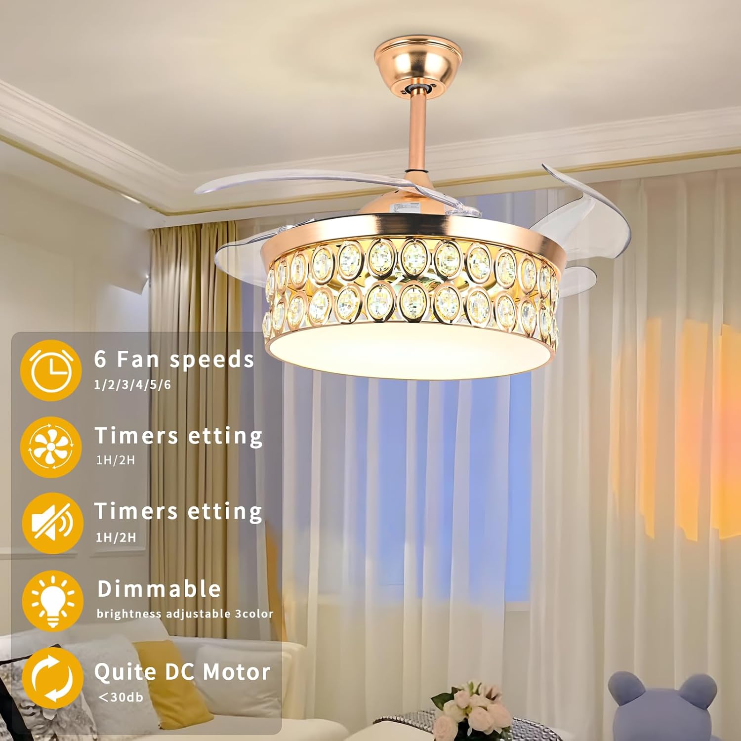 Ventilador de techo retráctil de 48 pulgadas, modernos ventiladores de techo con luces y control remoto, luz de ventilador de techo de 3 colores,