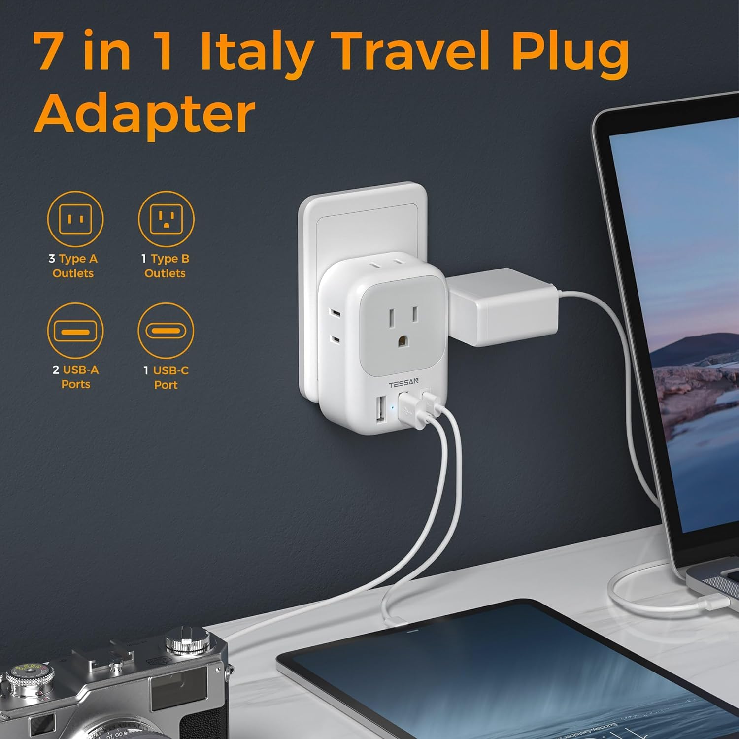 TESSAN – Adaptador de enchufe para Italia, paquete de 2 unidades, adaptador de corriente con 4 tomacorrientes, 3 cargadores USB (1 puerto USB C),