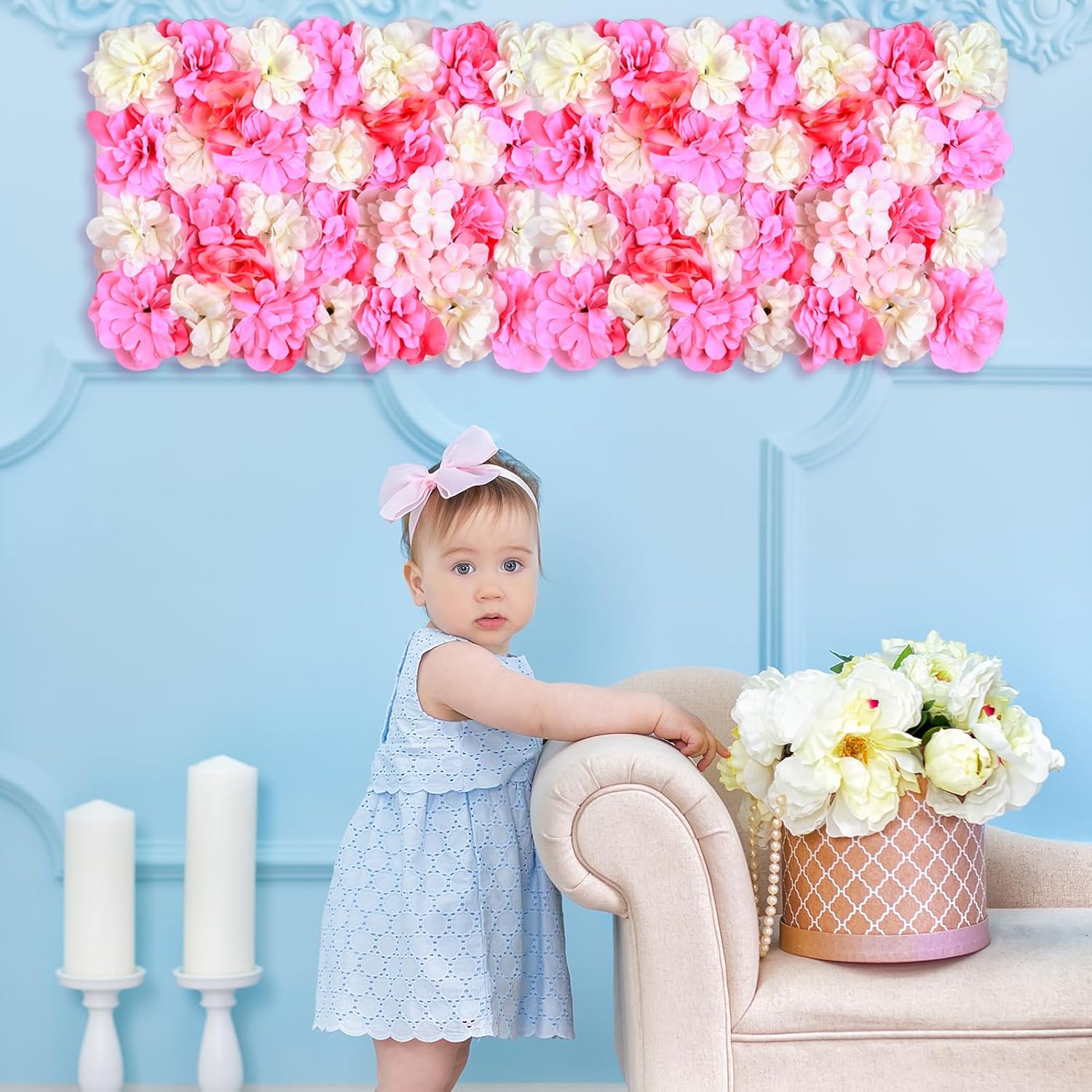 Omldggr Paquete de 6 paredes de flores artificiales de seda blanca y rosa de 12 x 16 pulgadas, pared de dalia rosa sintética, tapete de pared de