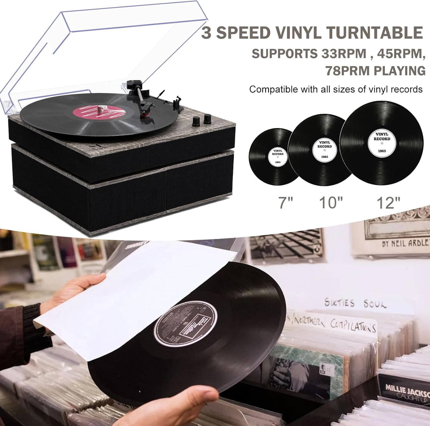 MPK – Tocadiscos Bluetooth, sistema de alta fidelidad con altavoces de estantería, tocadiscos de vinilo de 3 velocidades con transmisión por correa