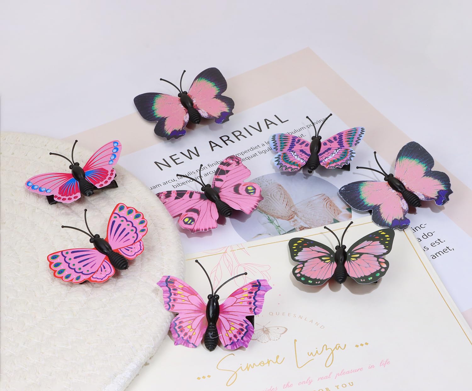 Pinzas para el cabello de mariposa Penta Angel, 8 piezas de estilos aleatorios con purpurina realista 3D de mariposa, accesorios para mujeres y