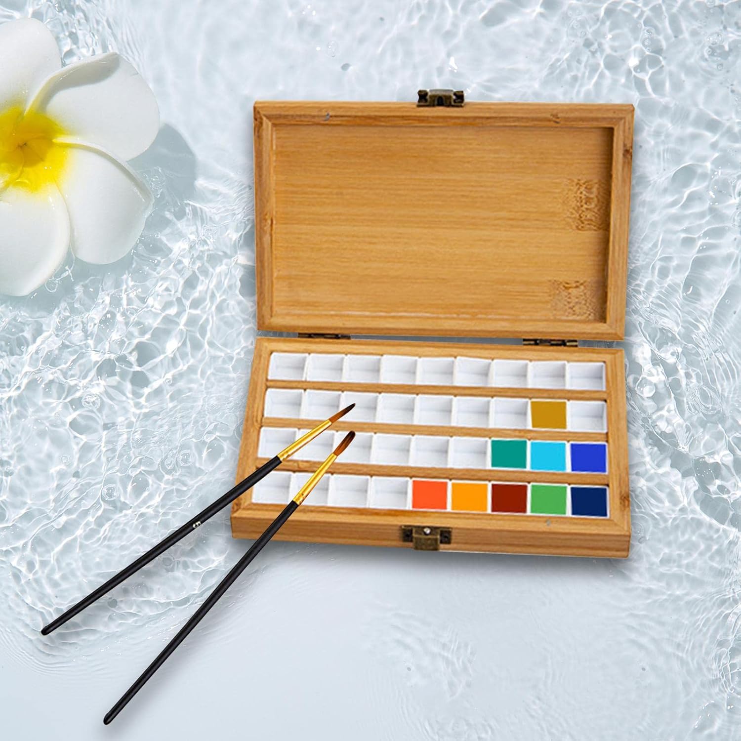 DYNWAVE Paleta de pintura de bambú vacía portátil, paleta duradera, gouache de madera con tapa, caja de pintura de acuarela para pintores, niños,