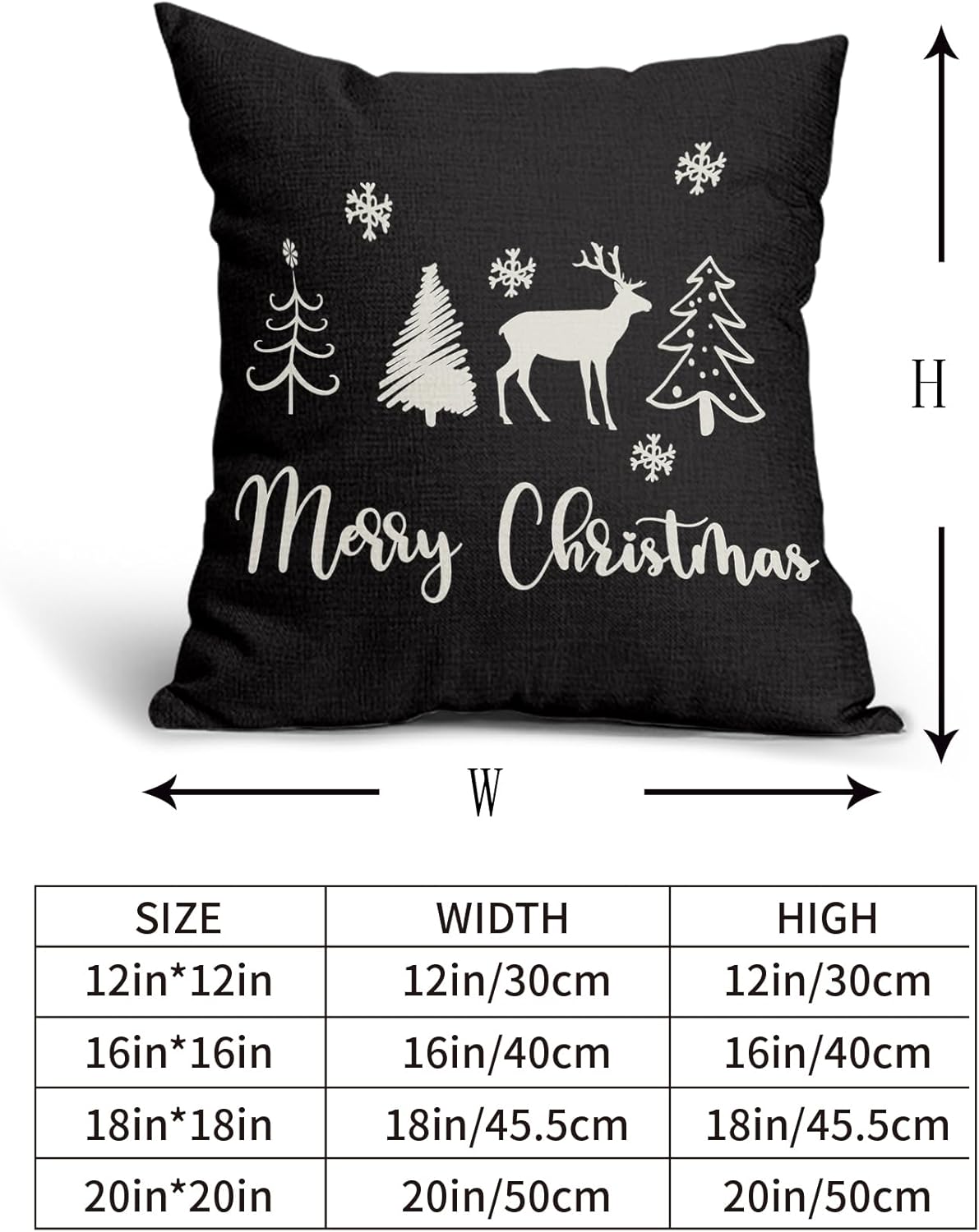 Juego de 2 fundas de almohada de Navidad negras de 18 x 18 pulgadas, diseño de árbol de ciervo, copos de nieve, fundas de almohada decorativas de