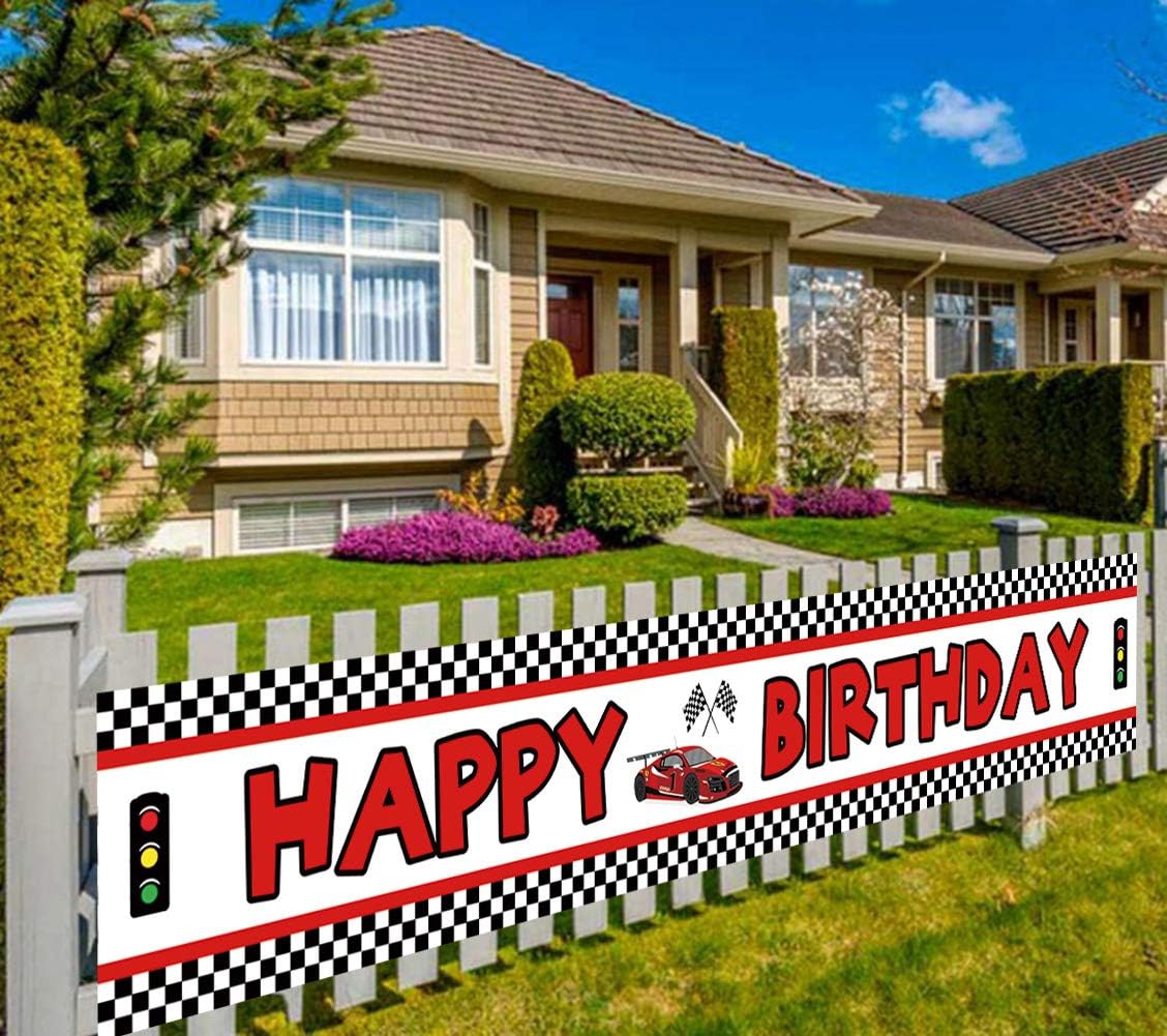 Lager – Cartel de feliz cumpleaños de coche de carreras, decoración de suministros de fiesta temática de carreras rojas, bandera a cuadros Let’s Go