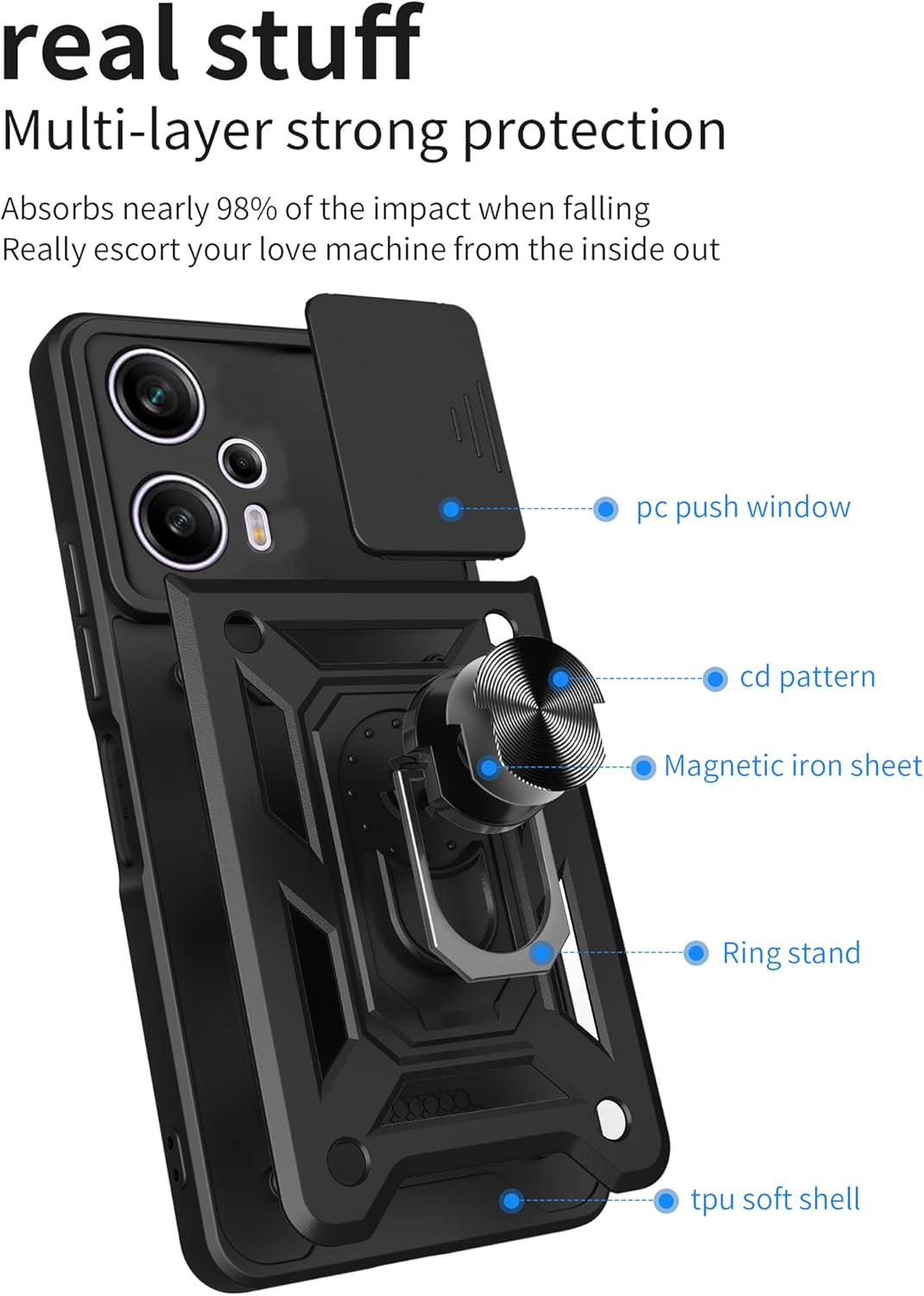 Ysnzaq Funda para Xiaomi Poco F5 5GRedmi Note 12 Turbo, resistente a prueba de golpes lente protectora cubierta del teléfono con soporte magnético
