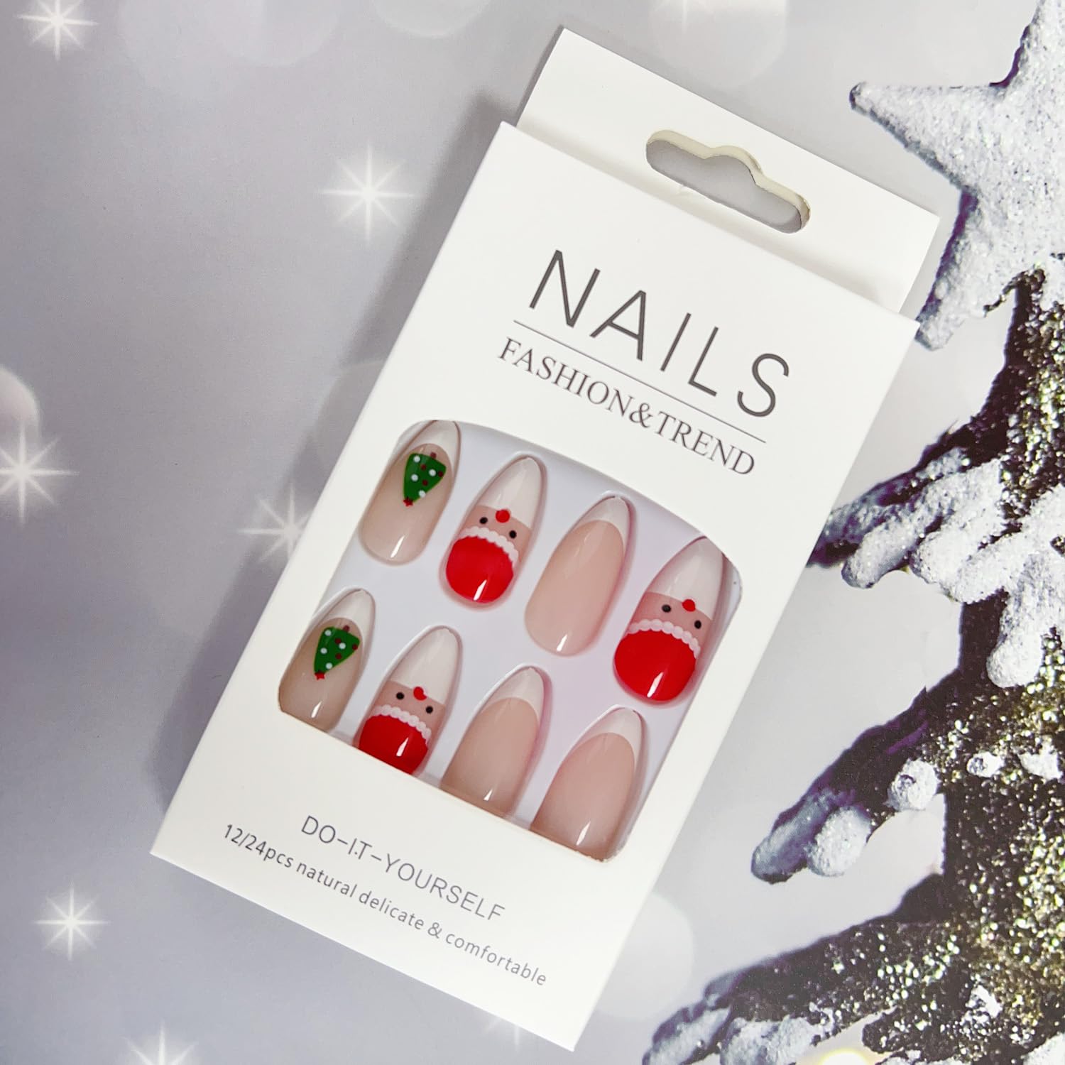 Uñas postizas medianas a presión con forma de almendra, lindas uñas postizas con pegamento de Papá Noel, copos de nieve, punta francesa, uñas