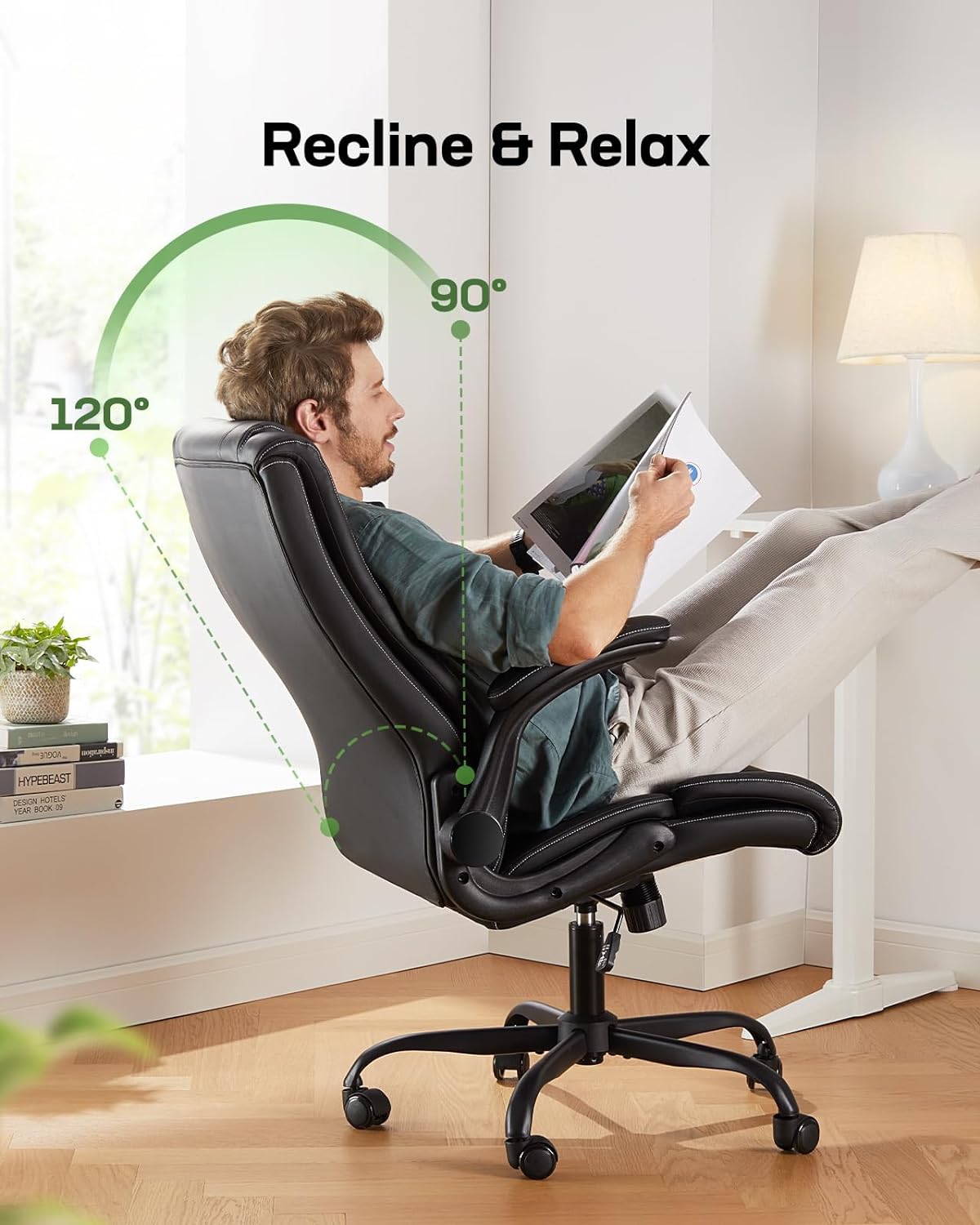 Marsail Silla de oficina ejecutiva con reposabrazos abatibles, silla de escritorio ergonómica de piel sintética, silla de escritorio giratoria de