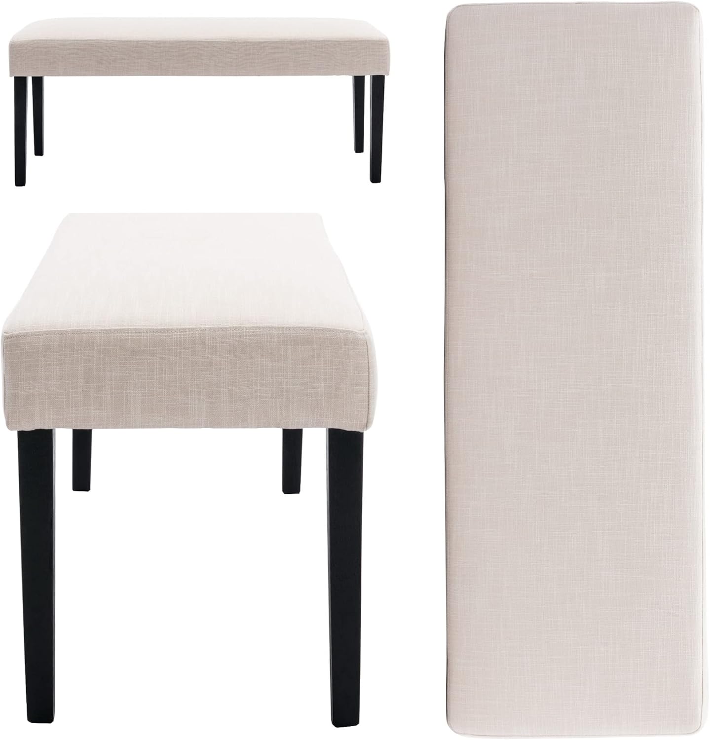 Wahson Juego de 2 bancos de comedor tapizados de lino de granja, asiento de comedor de 45 pulgadas de largo con patas de madera negra, beige