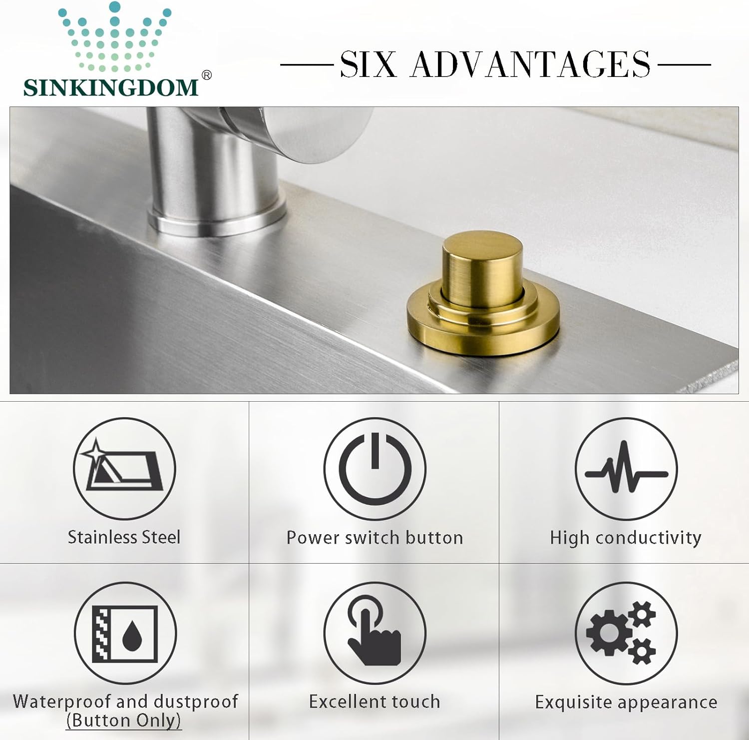 SINKINGDOM SinkTop – Kit de interruptor de aire con botón largo de bronce champán (latón completo) para eliminación de basura, salida única