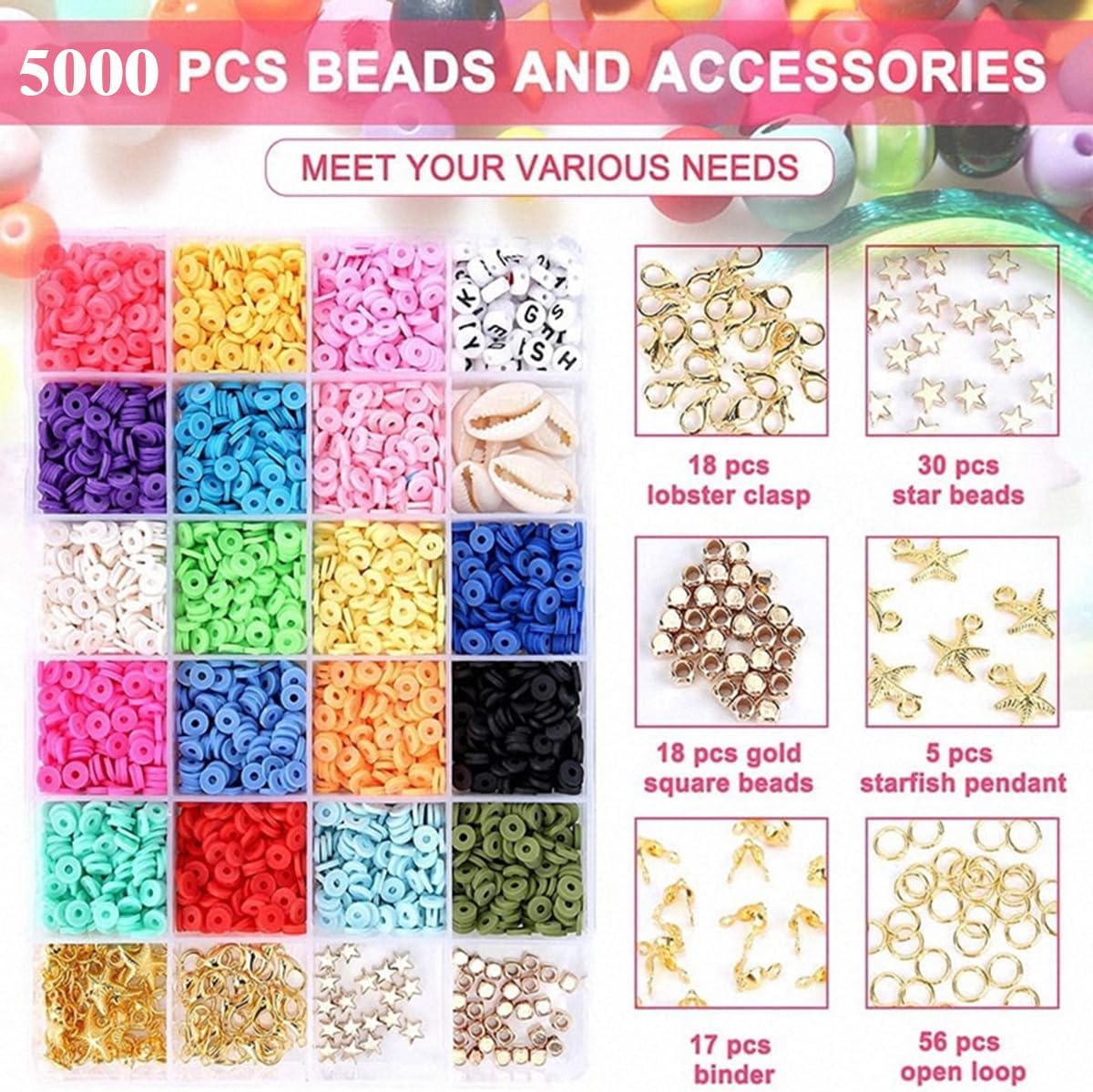 Coujaytie Bracelet Making Kit – 5000 Piece – Featuring 18 Colors of Polymer Clay Beads – Includes Pendants and Elastic Cords – Craft Gift for Girls