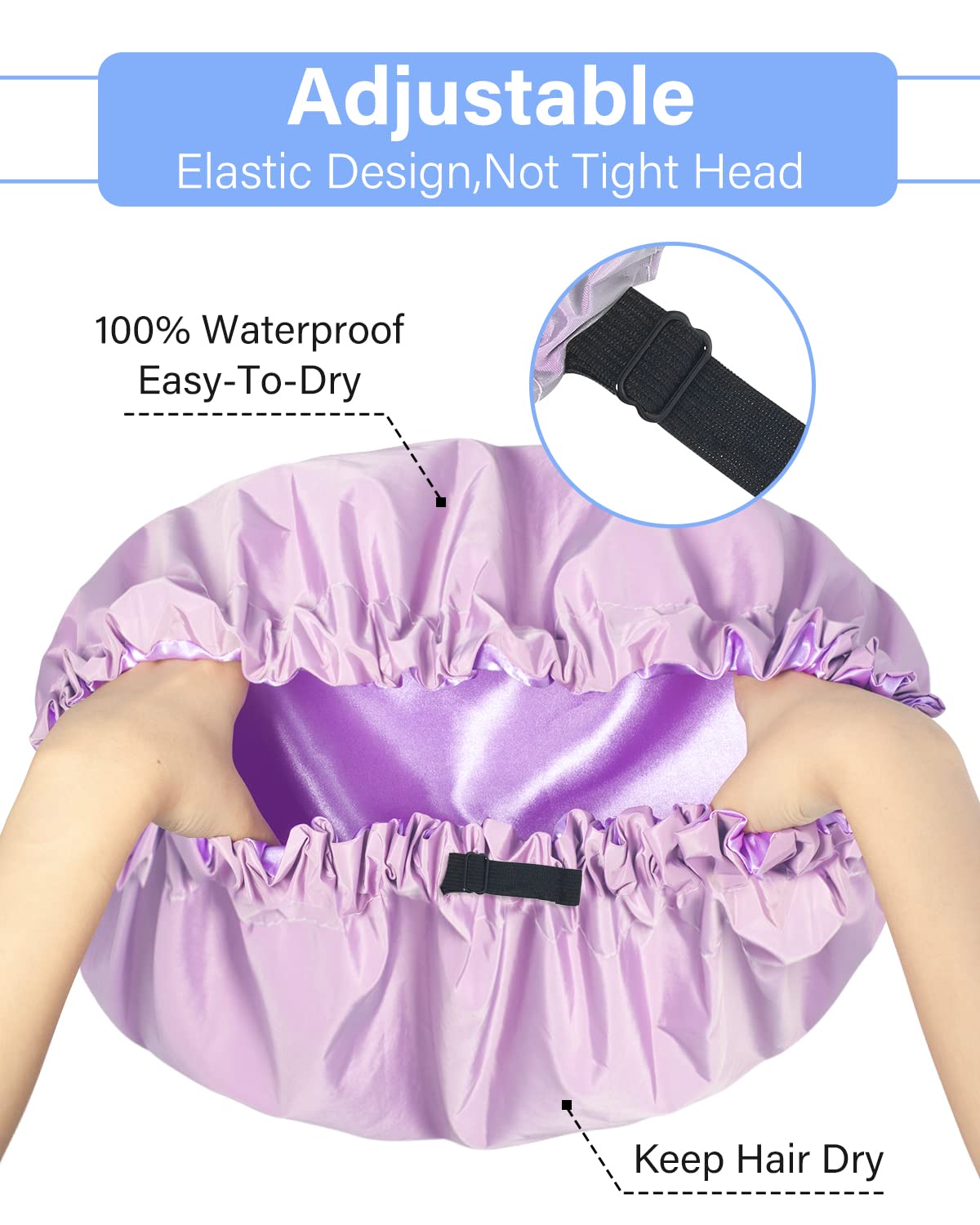 Aquior Gorro de ducha extra ajustable para mujer, de doble capa, impermeable, reutilizable, tamaño grande, para todo tipo de cabello, para niñas,