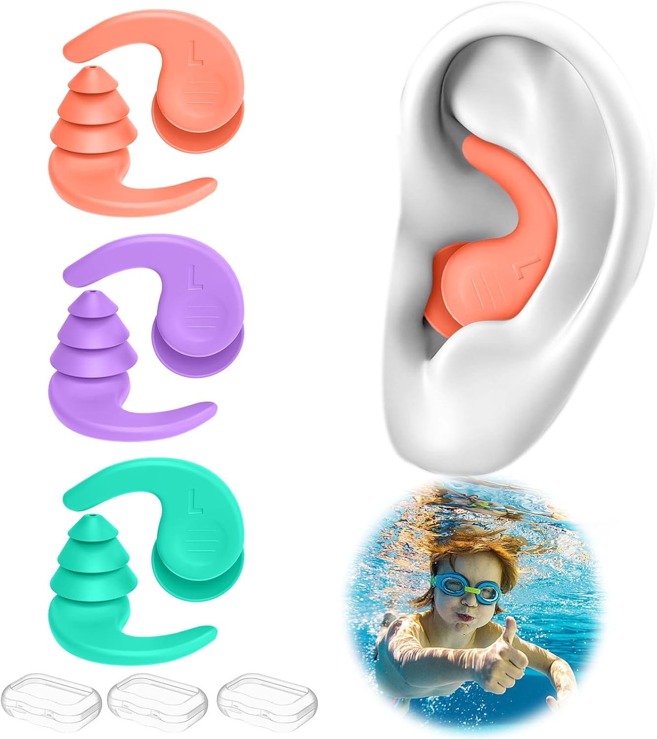 Tapones para los oídos de natación, 3 pares de tapones para los oídos de silicona impermeables y reutilizables para natación, surf, esnórquel y